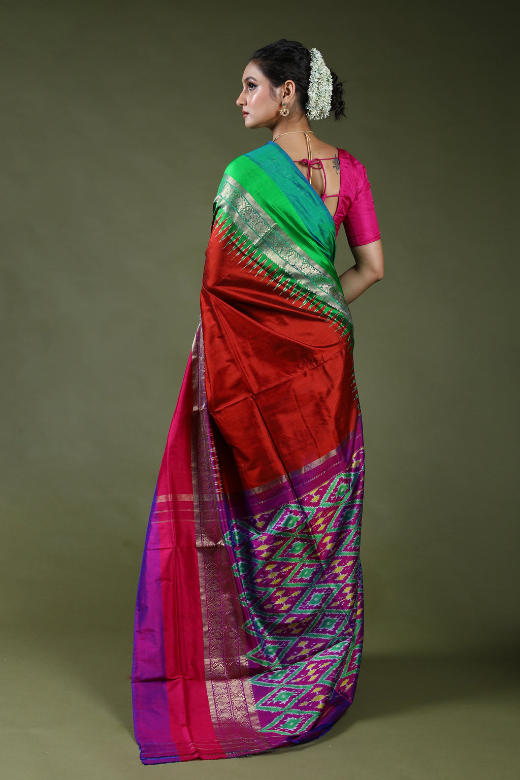 Brick Orange Pure Pochampally Saree With Blouse Piece