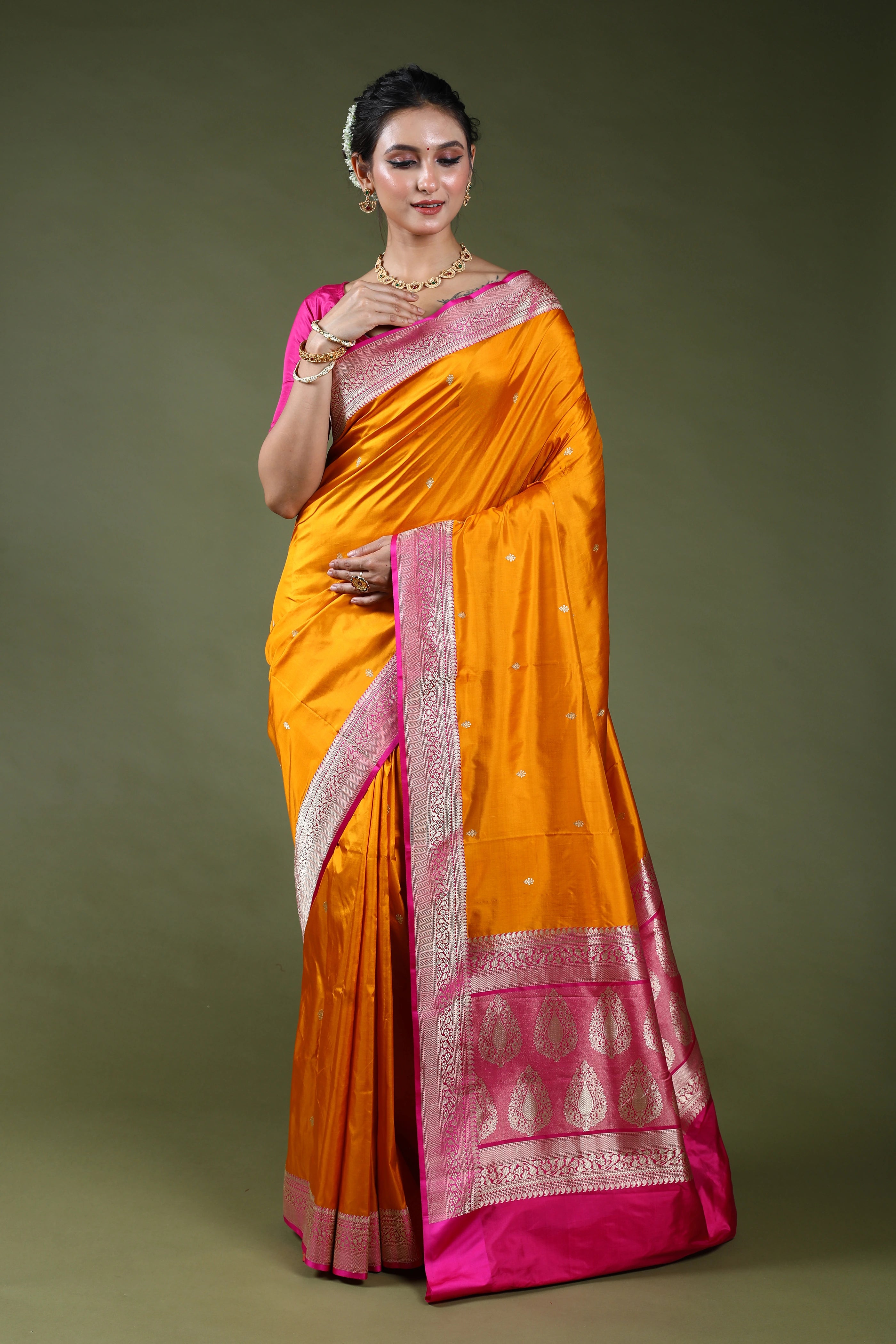 Yellowish Orange Pure Katan Silk Saree With Blouse Piece