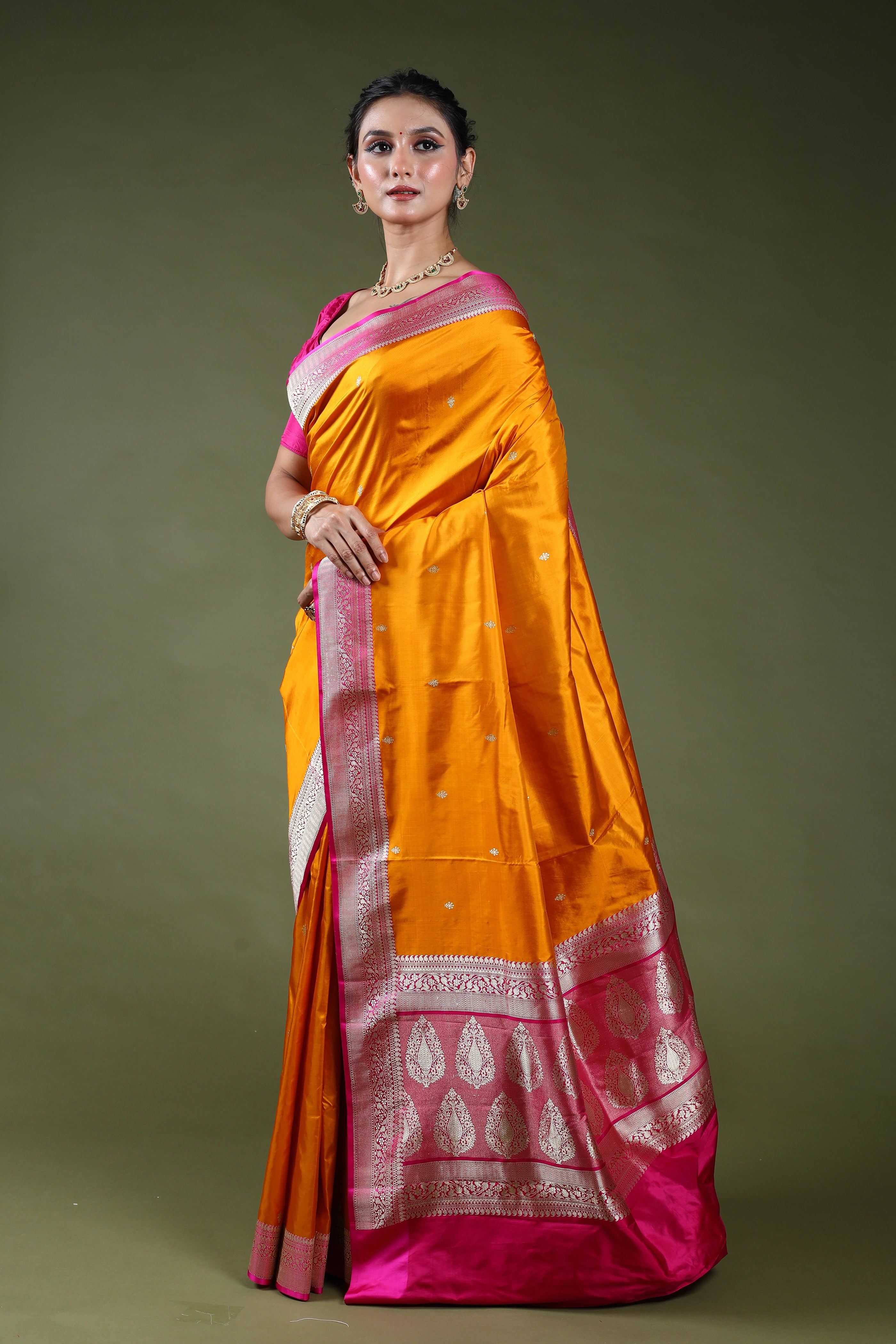 Yellowish Orange Pure Katan Silk Saree With Blouse Piece