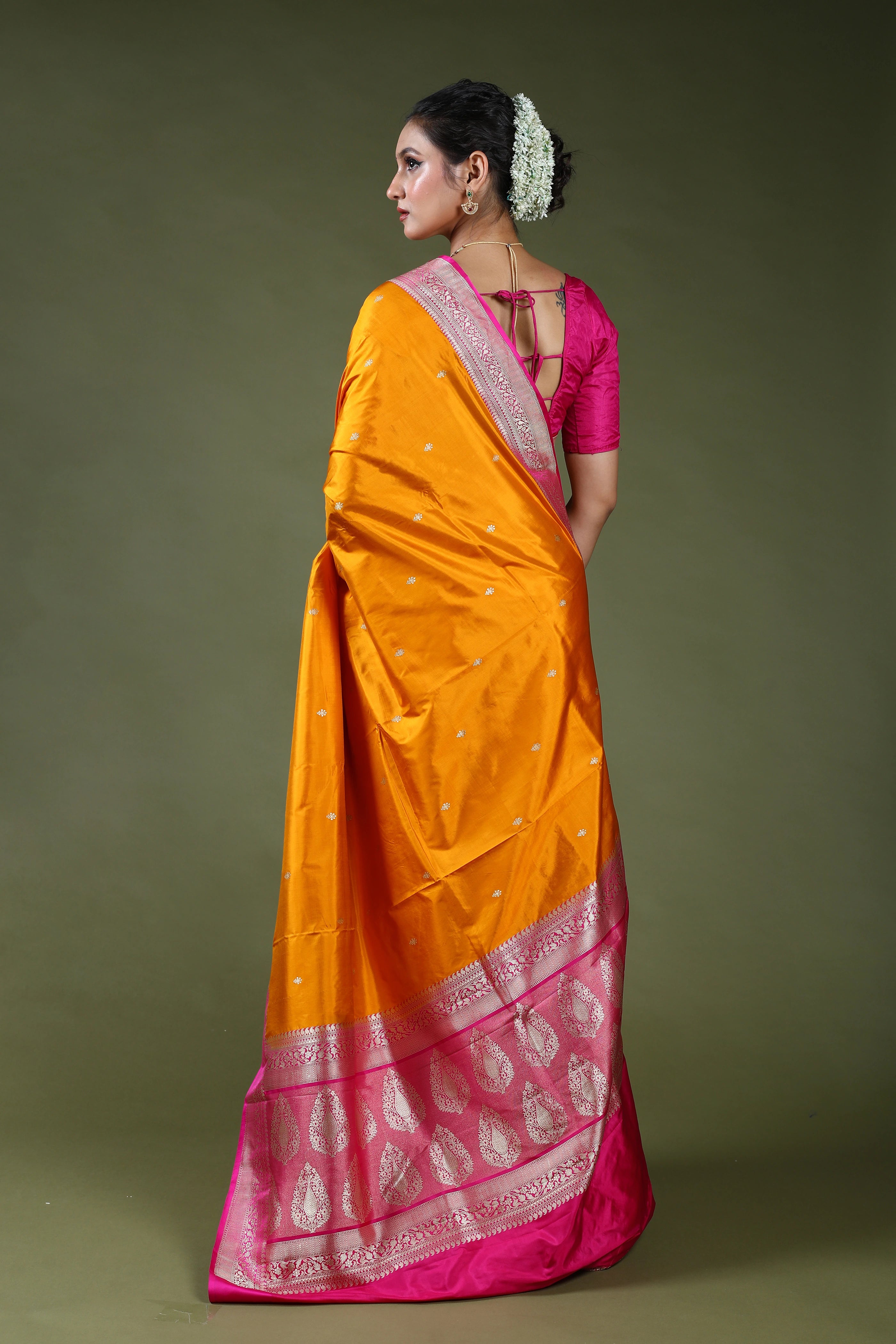 Yellowish Orange Pure Katan Silk Saree With Blouse Piece