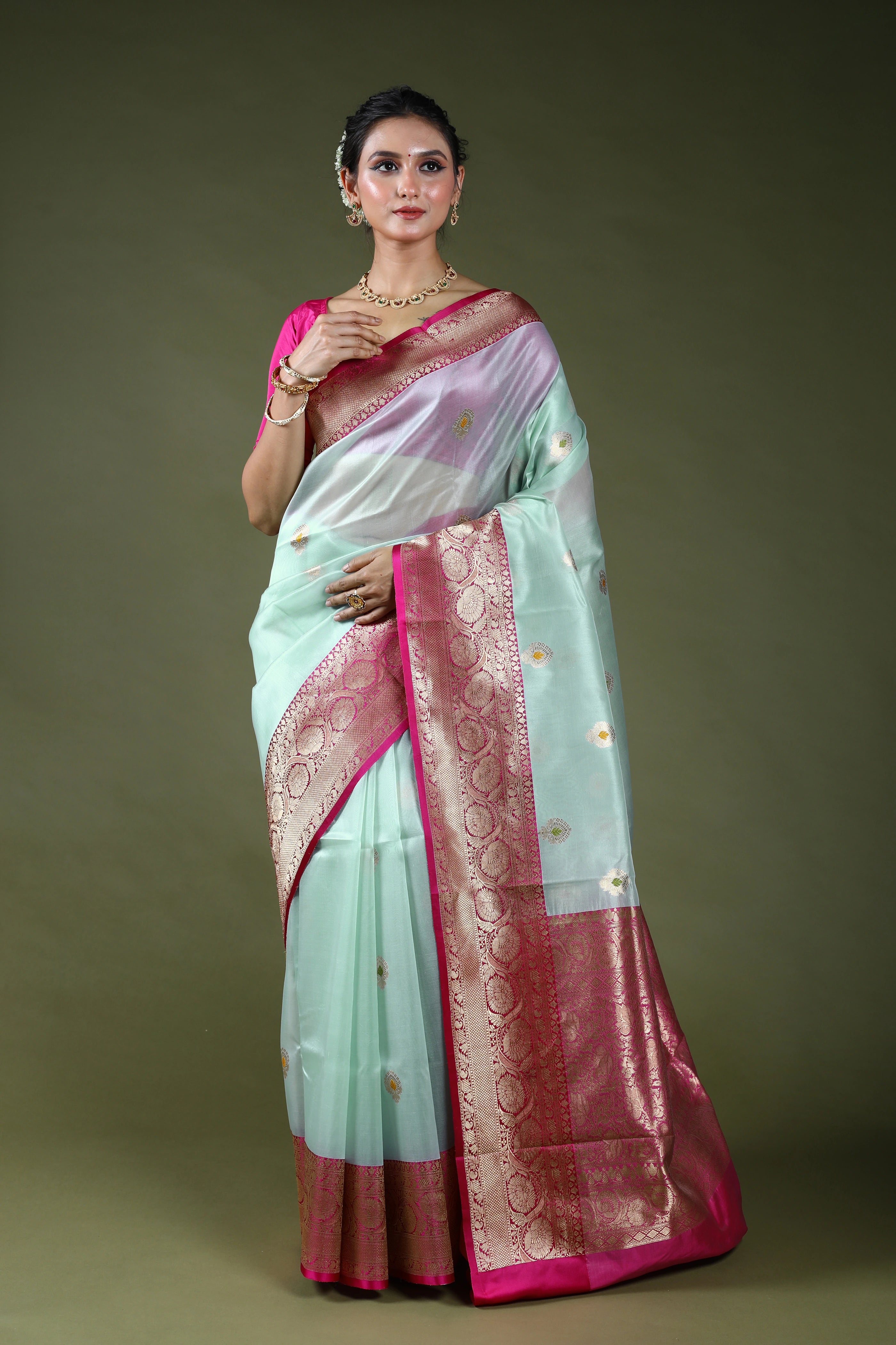 Powder Sky Pure Kora Banarasi With Katan Border Saree With Blouse Piece