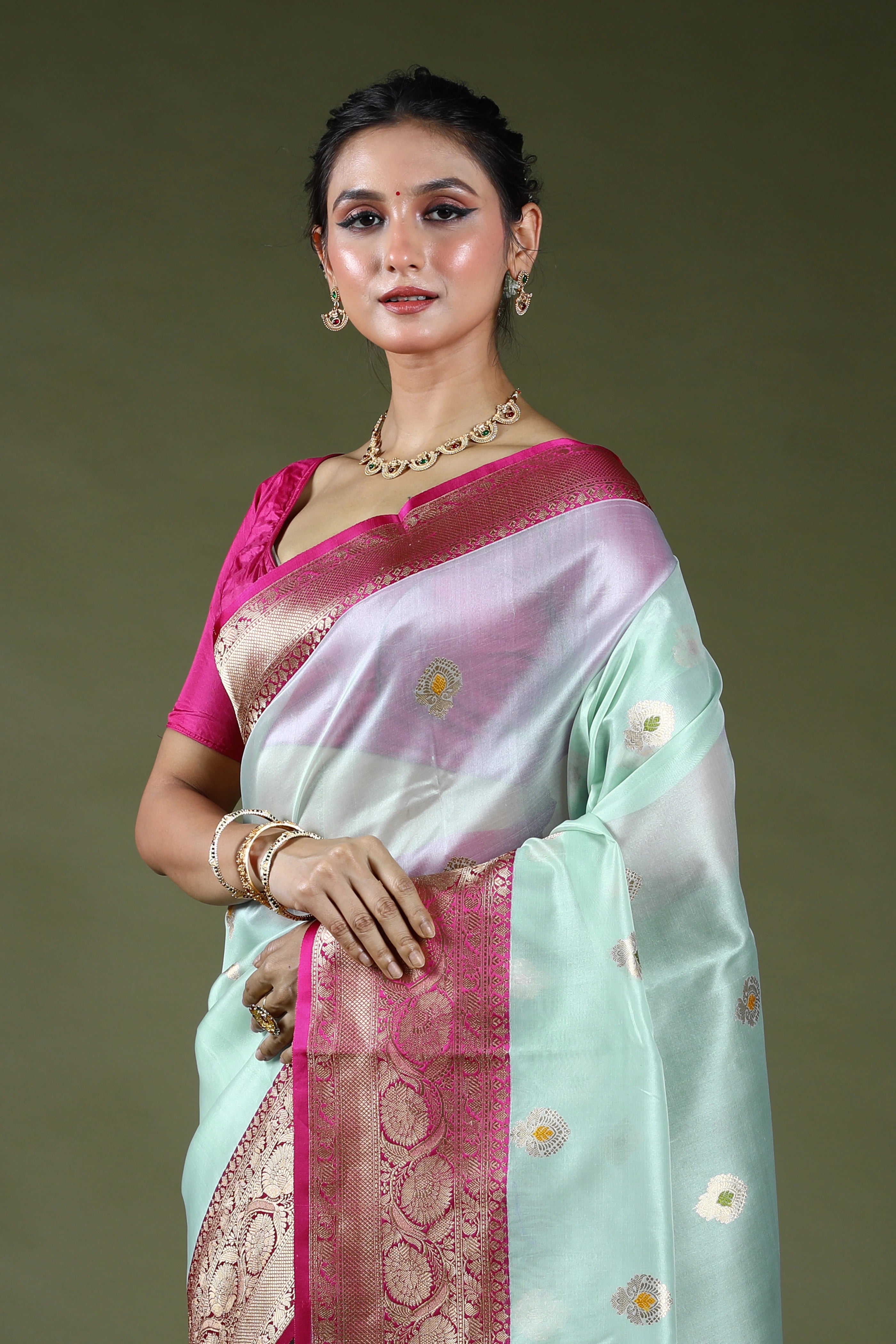 Powder Sky Pure Kora Banarasi With Katan Border Saree With Blouse Piece