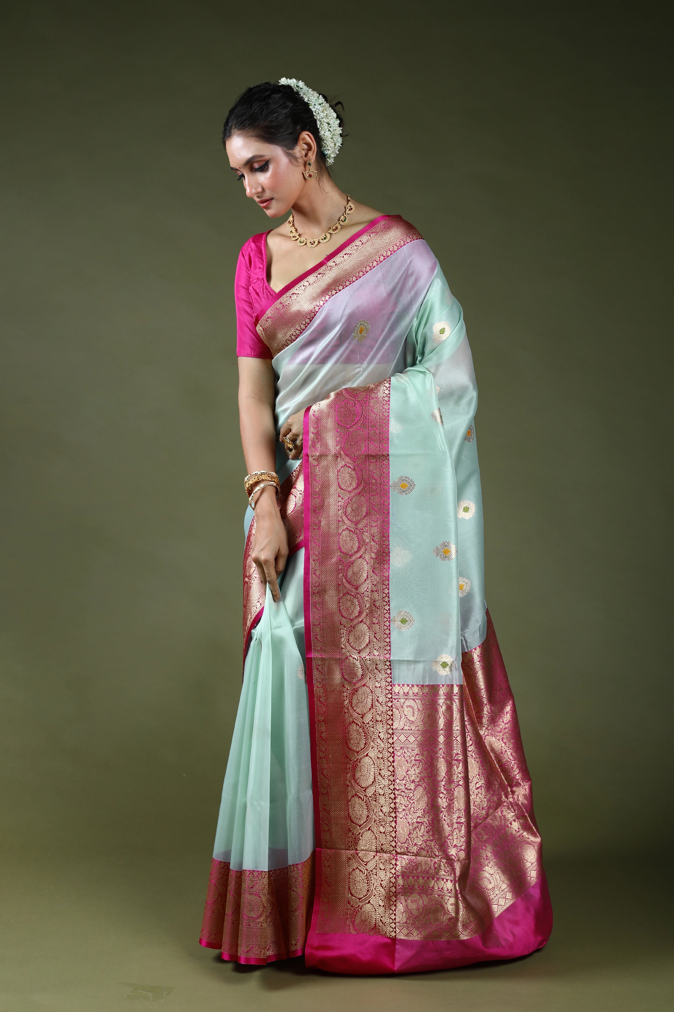 Powder Sky Pure Kora Banarasi With Katan Border Saree With Blouse Piece