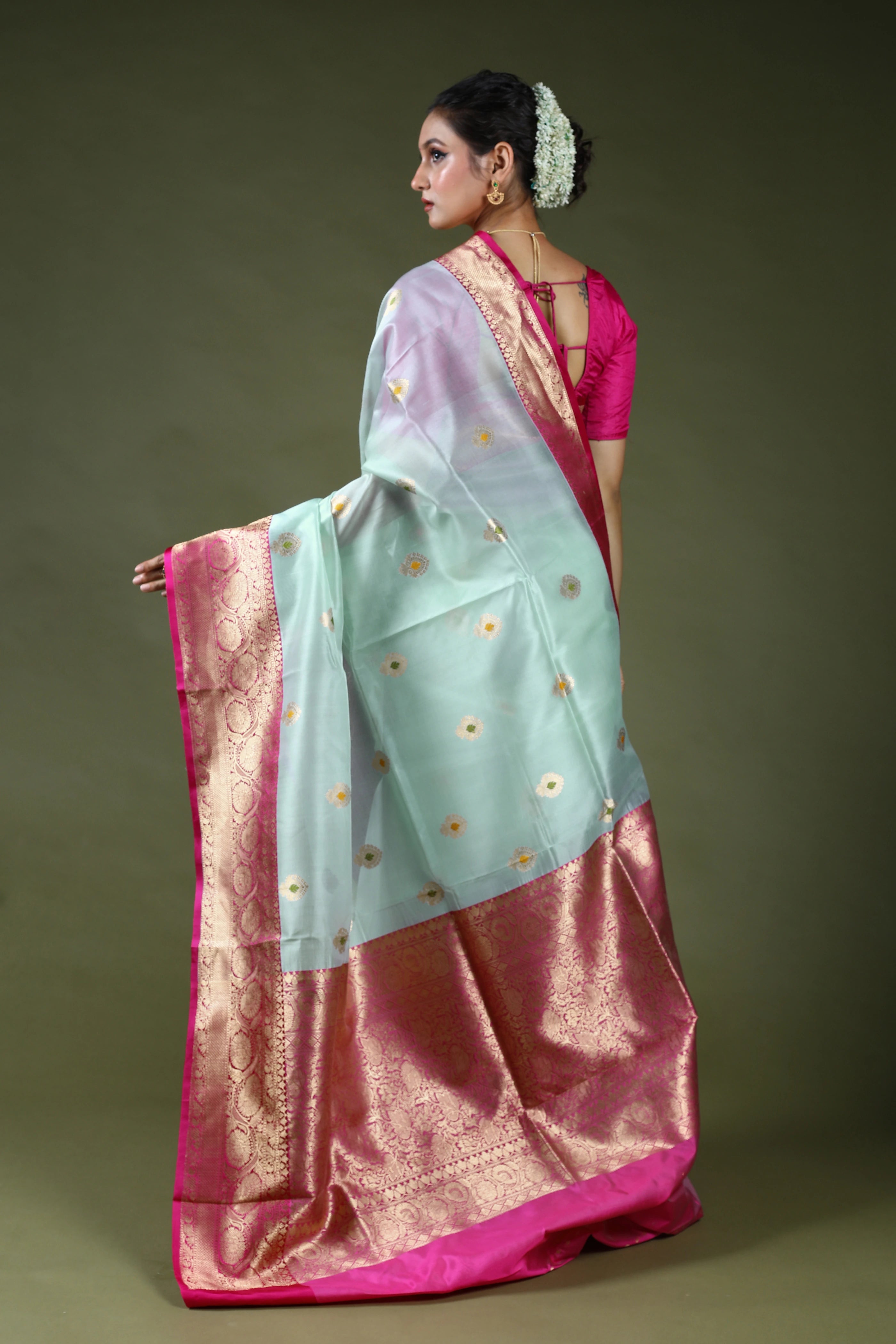 Powder Sky Pure Kora Banarasi With Katan Border Saree With Blouse Piece