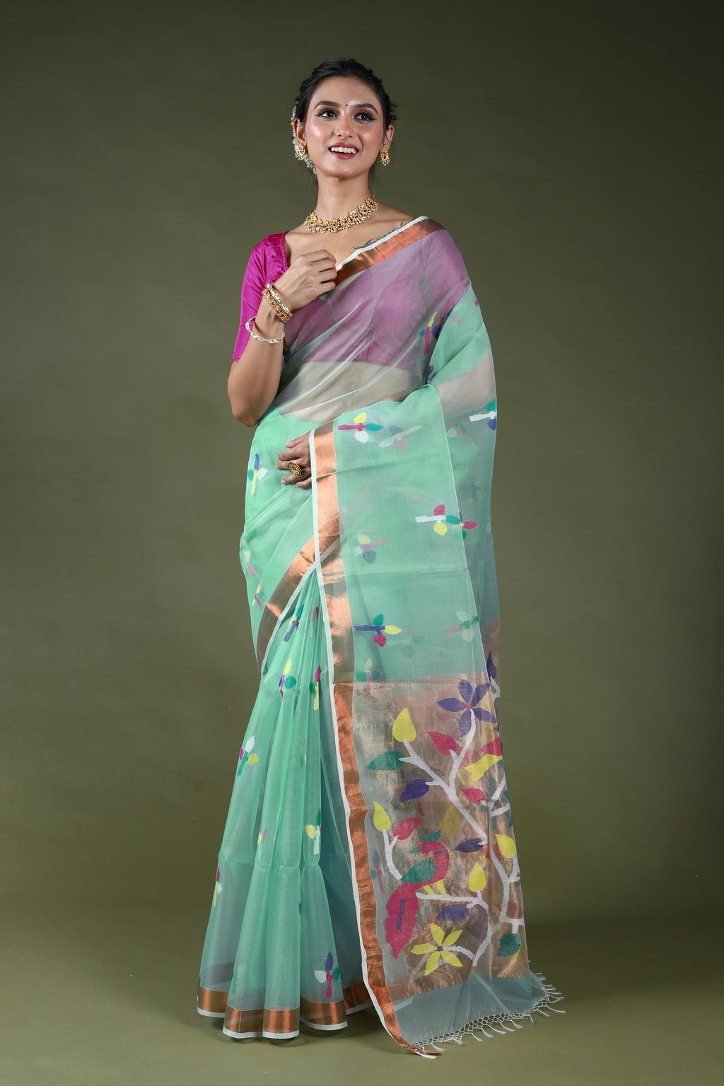 Light Sea Green Semi Muslin Jamdani Saree With Blouse Piece