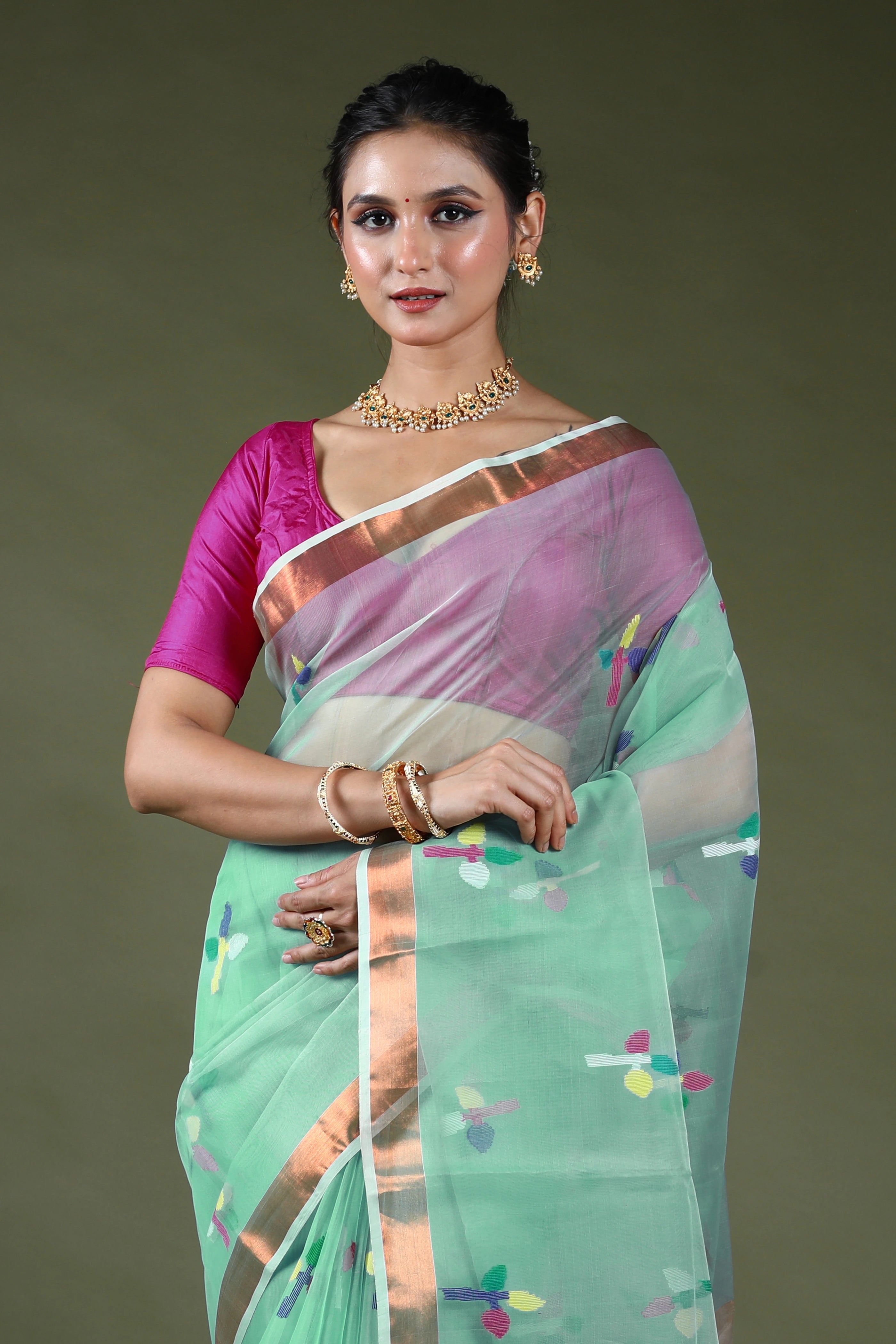 Light Sea Green Semi Muslin Jamdani Saree With Blouse Piece
