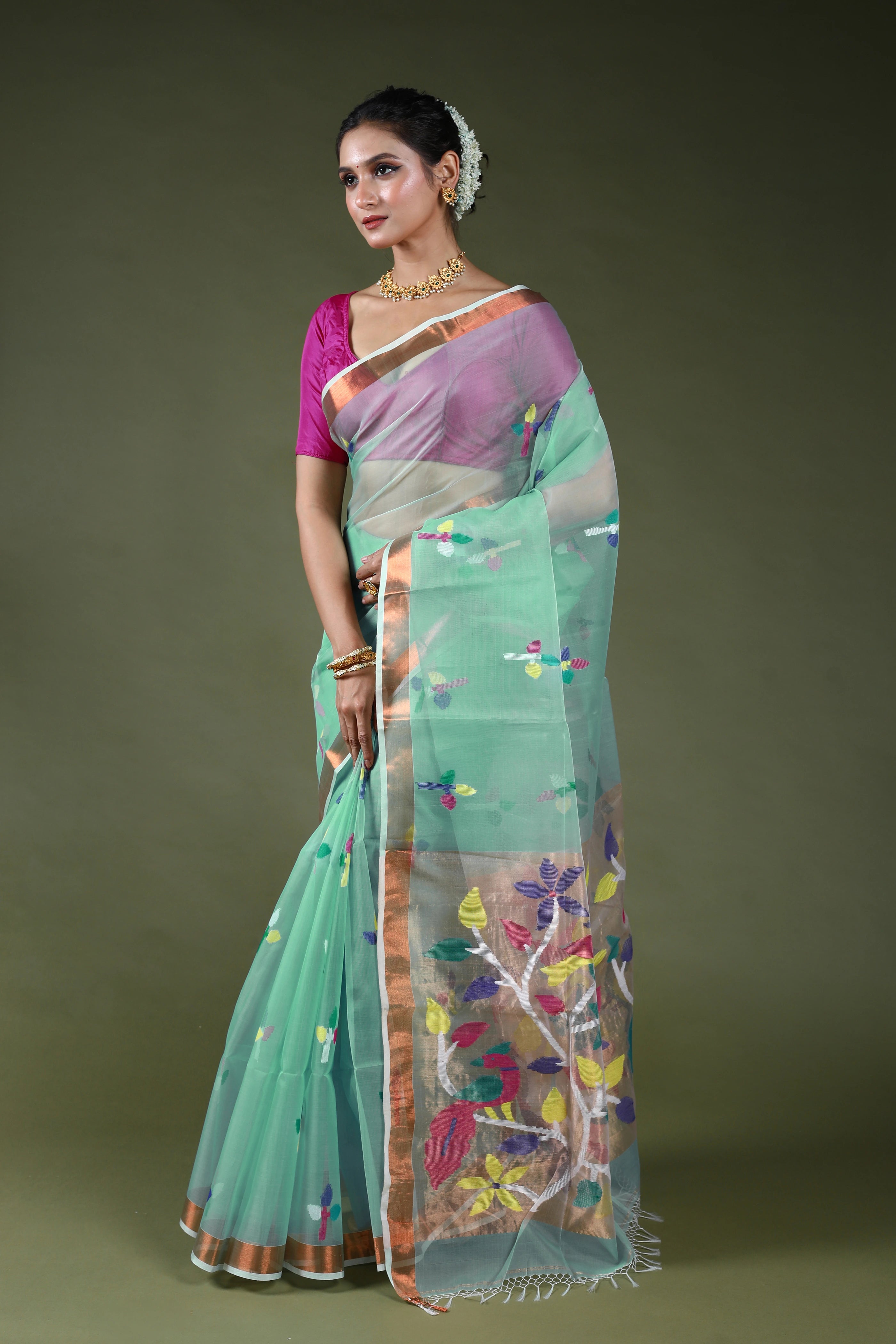 Light Sea Green Semi Muslin Jamdani Saree With Blouse Piece