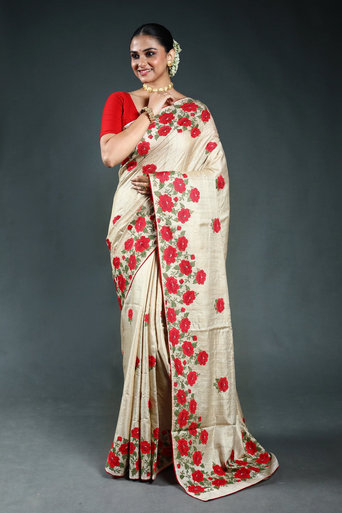 Beige Pure Tussar embroidery Saree with Blouse Piece