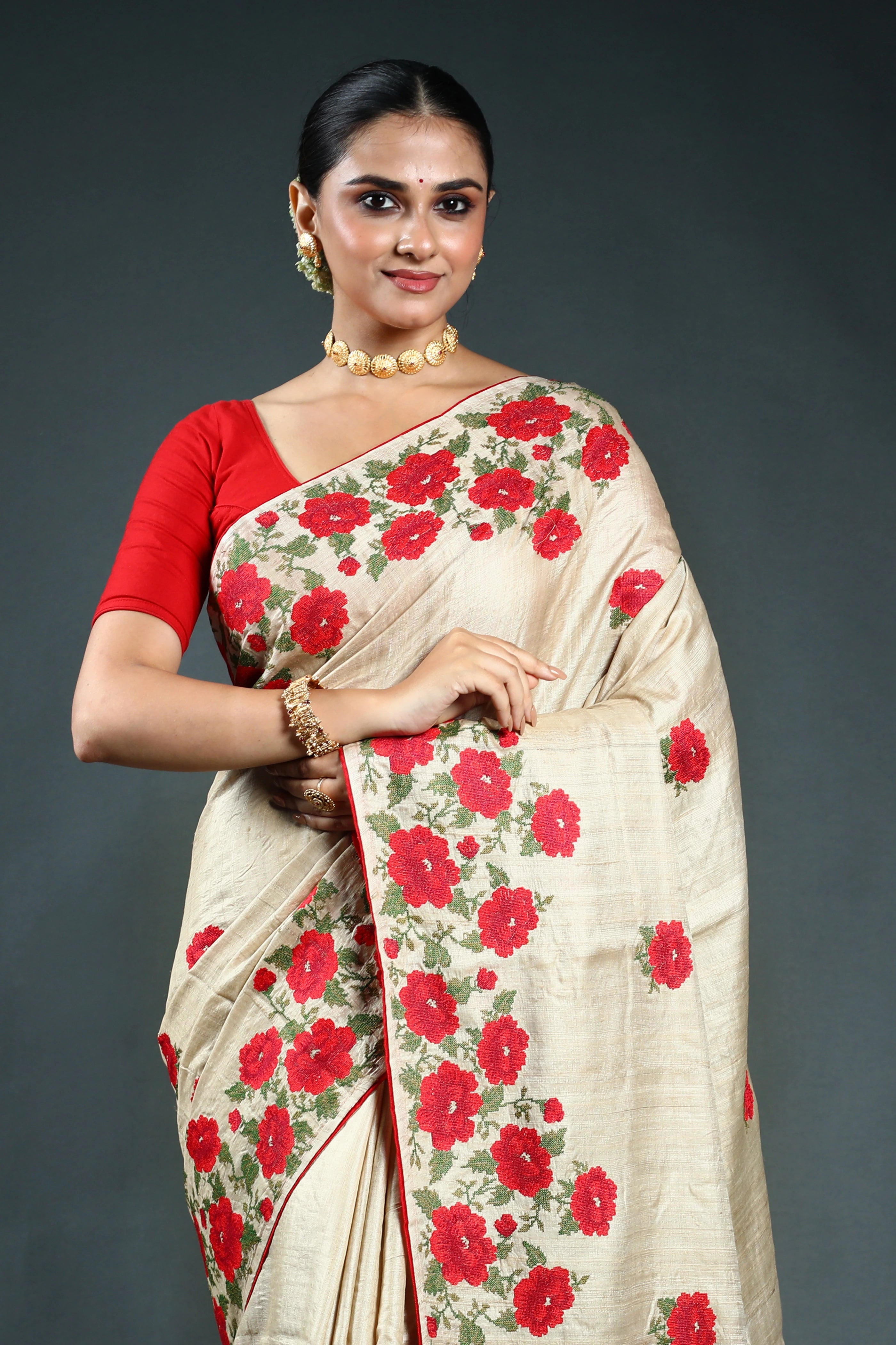 Beige Pure Tussar embroidery Saree with Blouse Piece