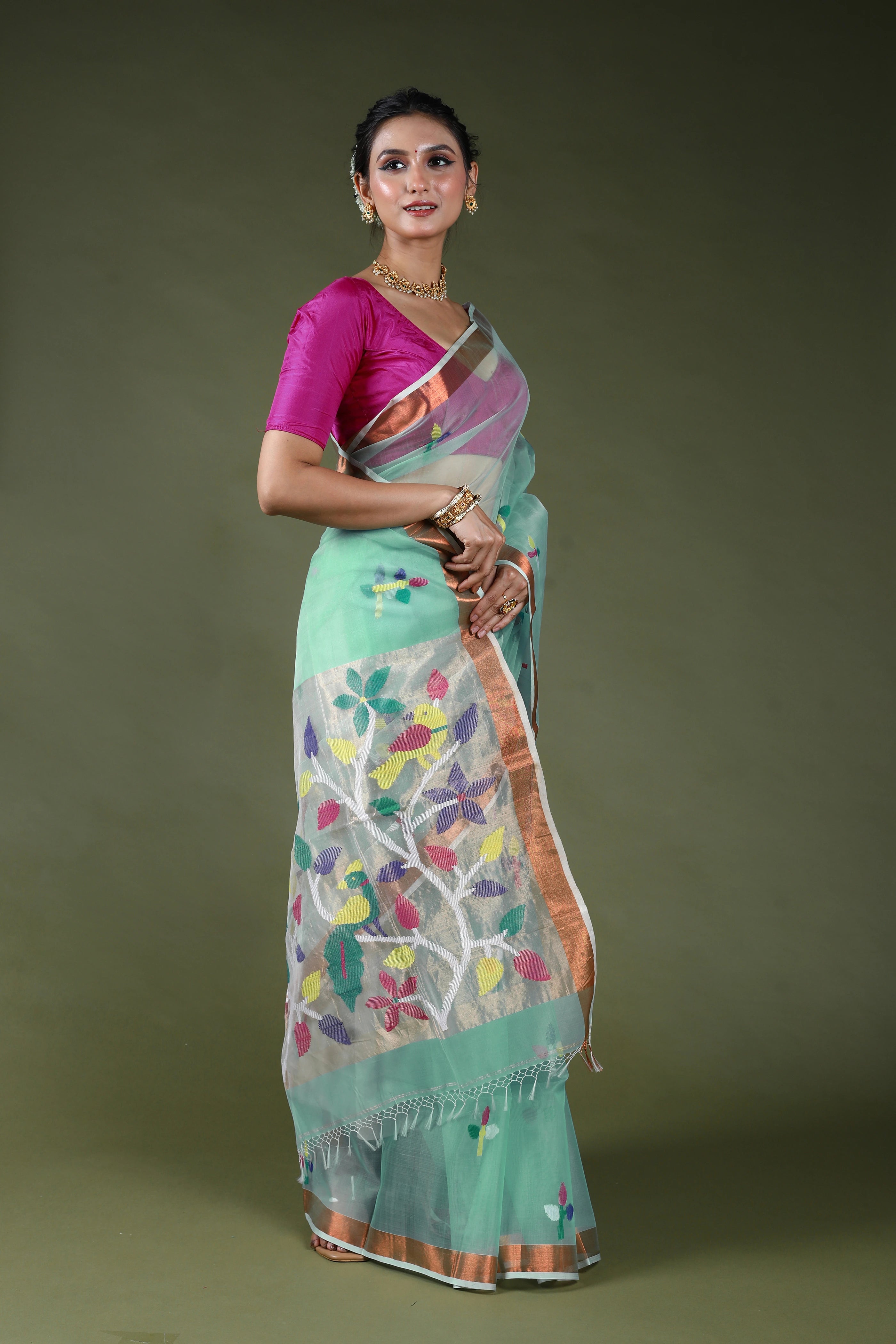 Light Sea Green Semi Muslin Jamdani Saree With Blouse Piece
