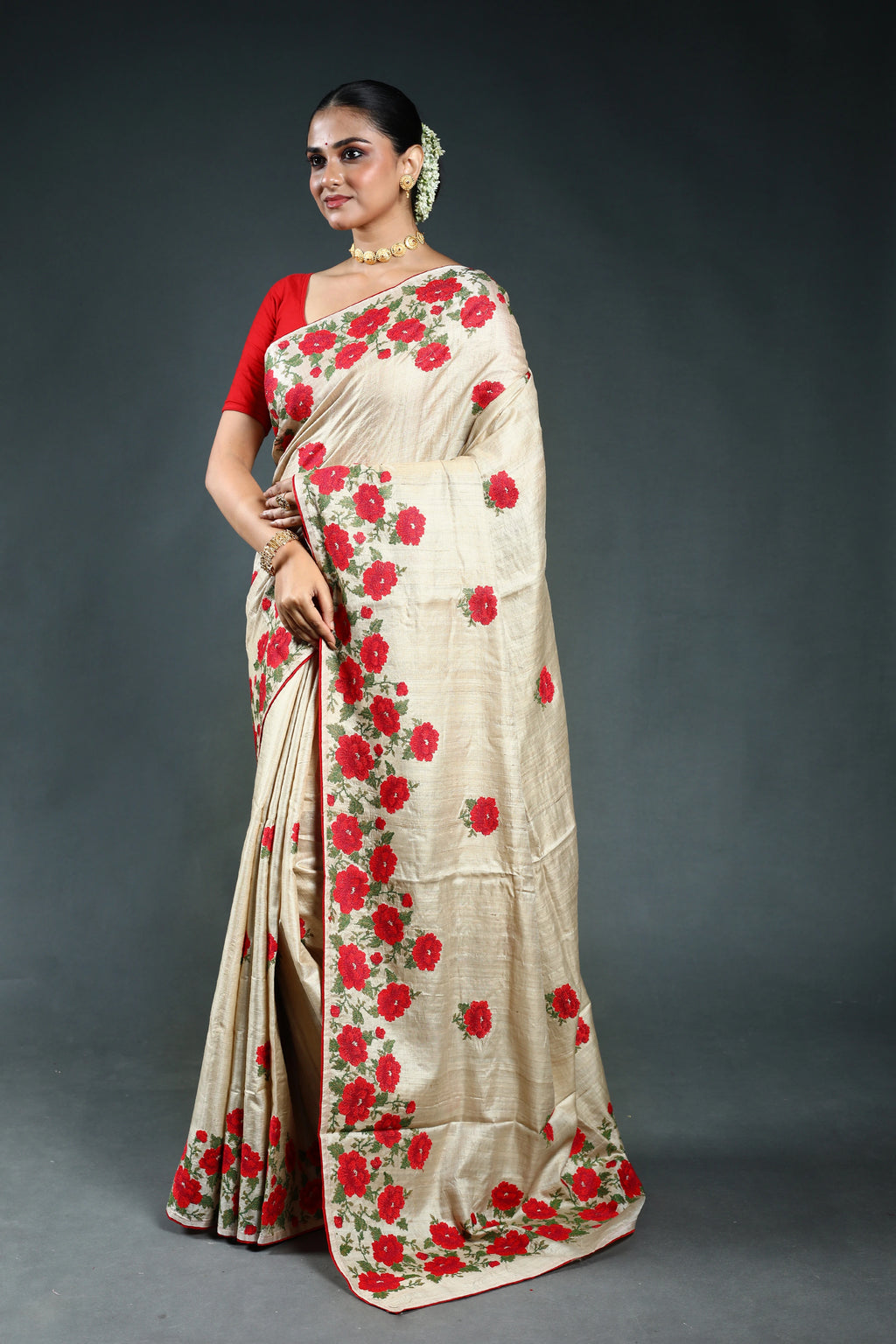 Beige Pure Tussar embroidery Saree with Blouse Piece