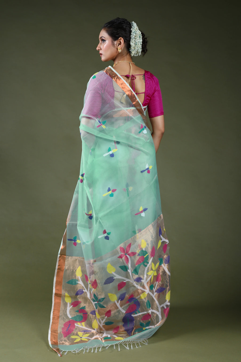 Light Sea Green Semi Muslin Jamdani Saree With Blouse Piece