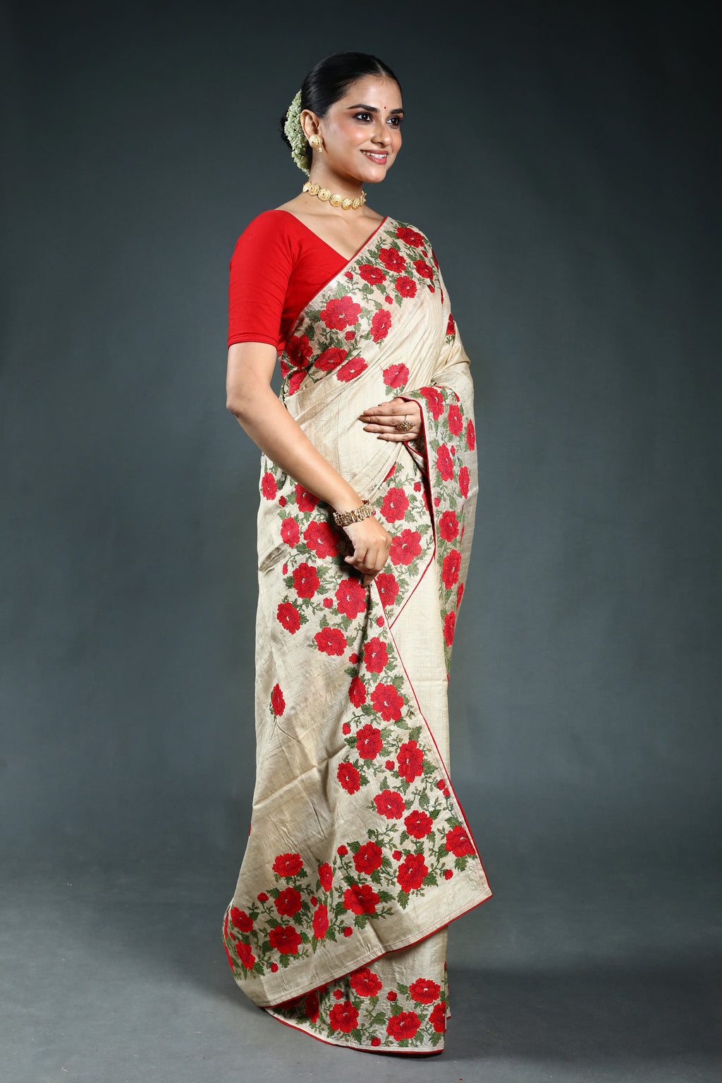 Beige Pure Tussar embroidery Saree with Blouse Piece