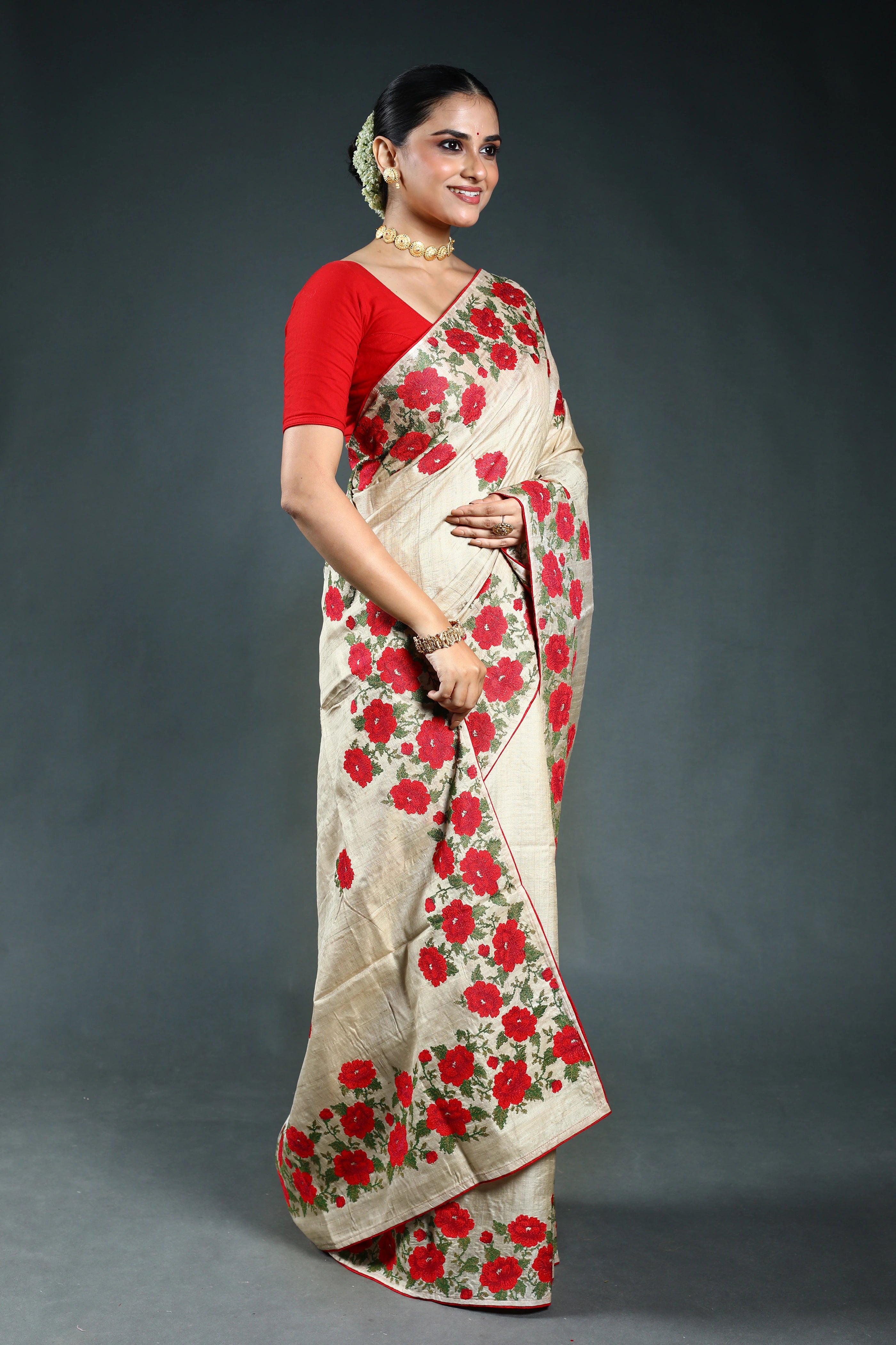 Beige Pure Tussar embroidery Saree with Blouse Piece