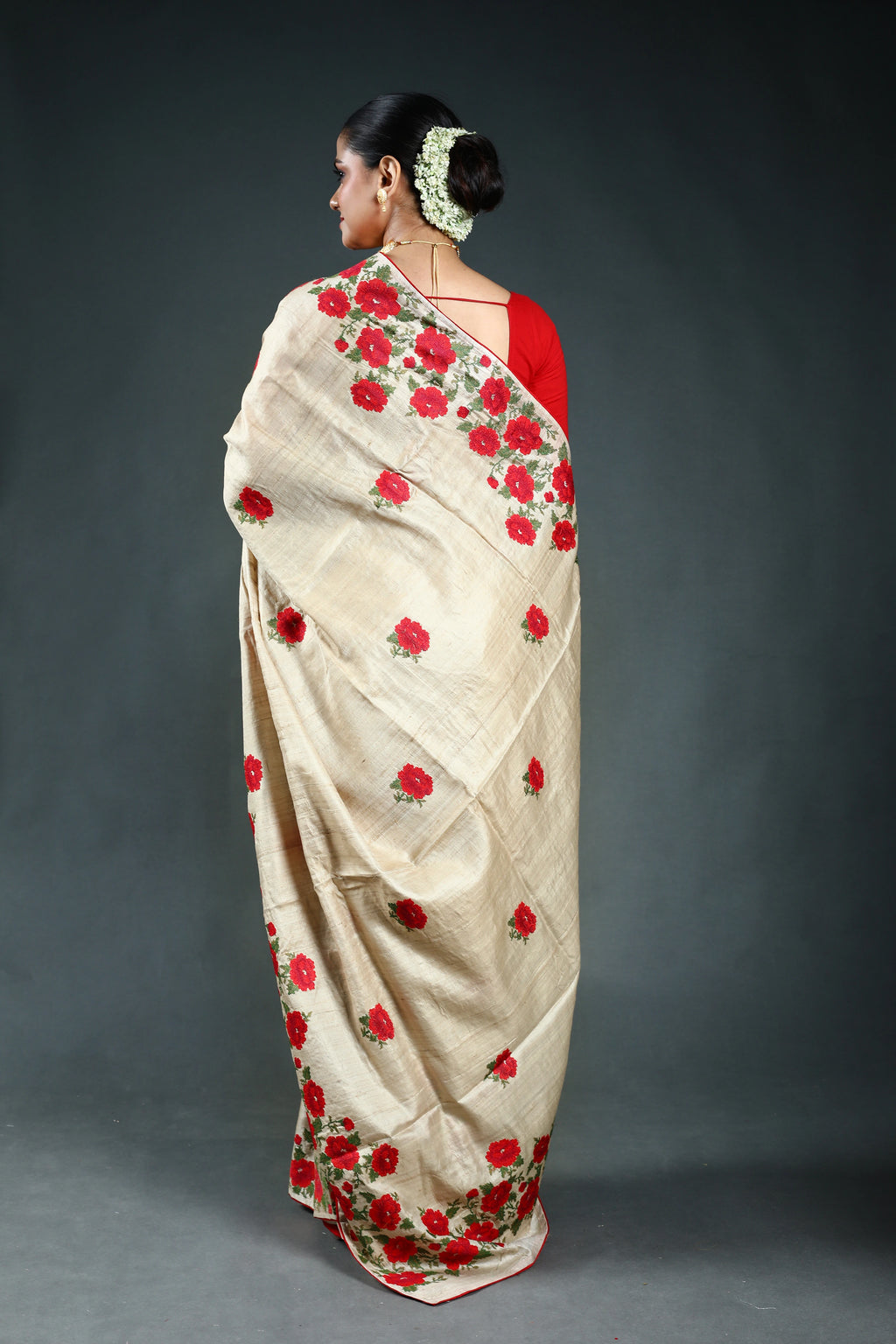 Beige Pure Tussar embroidery Saree with Blouse Piece