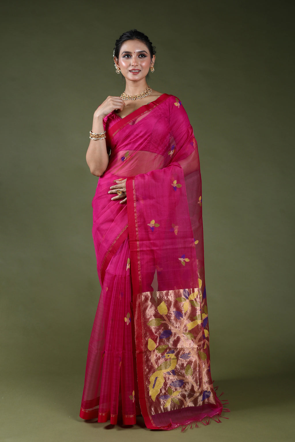 Rani Semi Muslin Jamdani Saree With Blouse Piece