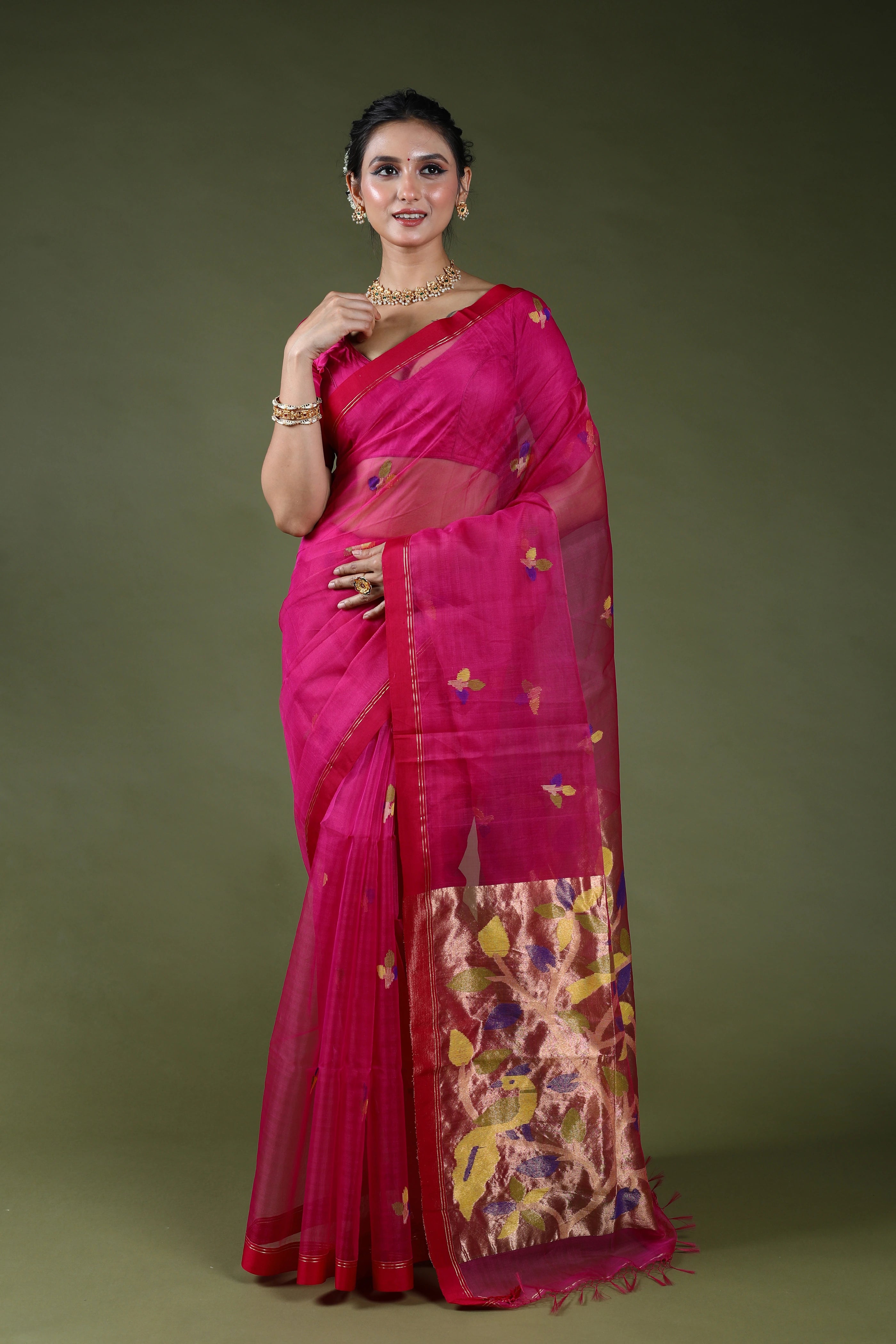 Rani Semi Muslin Jamdani Saree With Blouse Piece