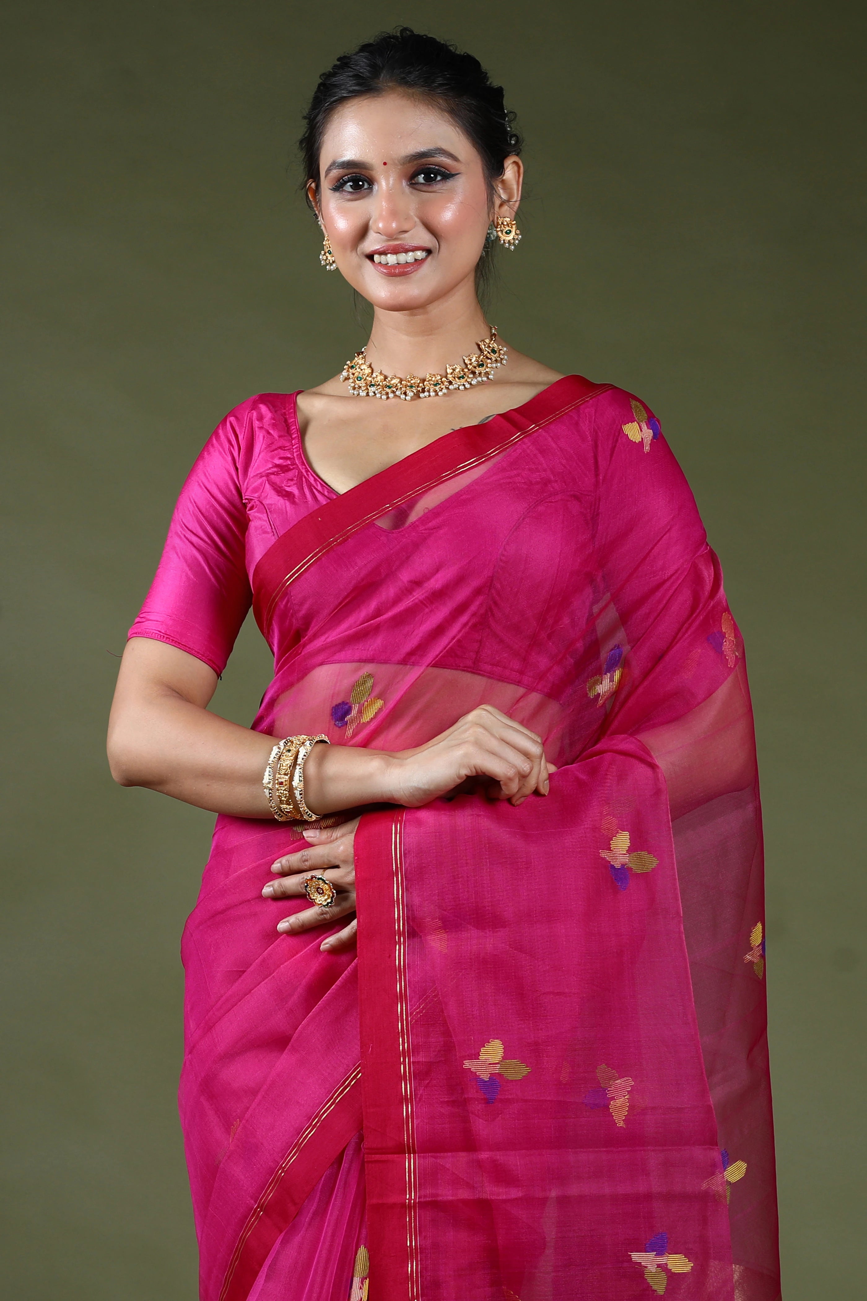 Rani Semi Muslin Jamdani Saree With Blouse Piece