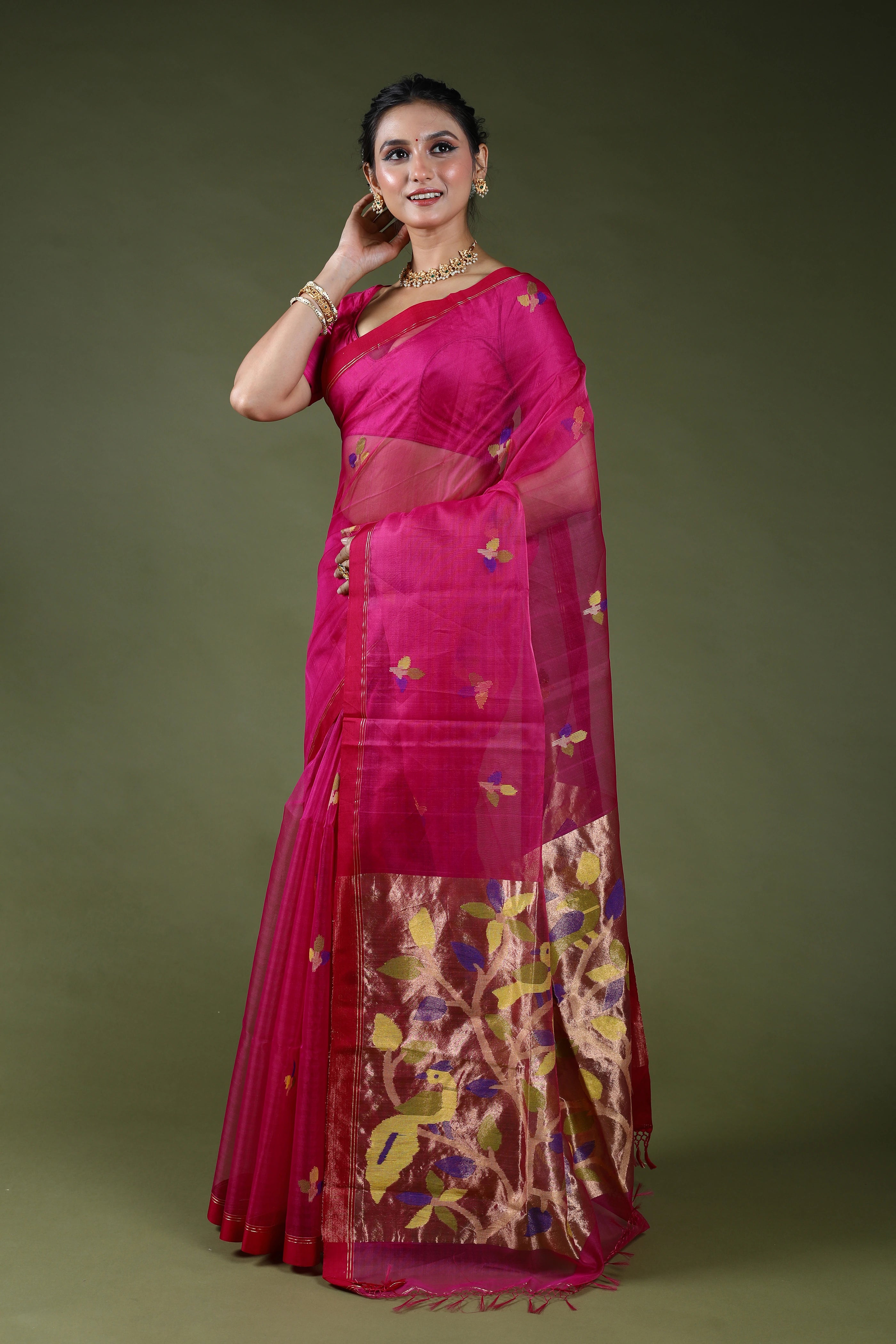 Rani Semi Muslin Jamdani Saree With Blouse Piece