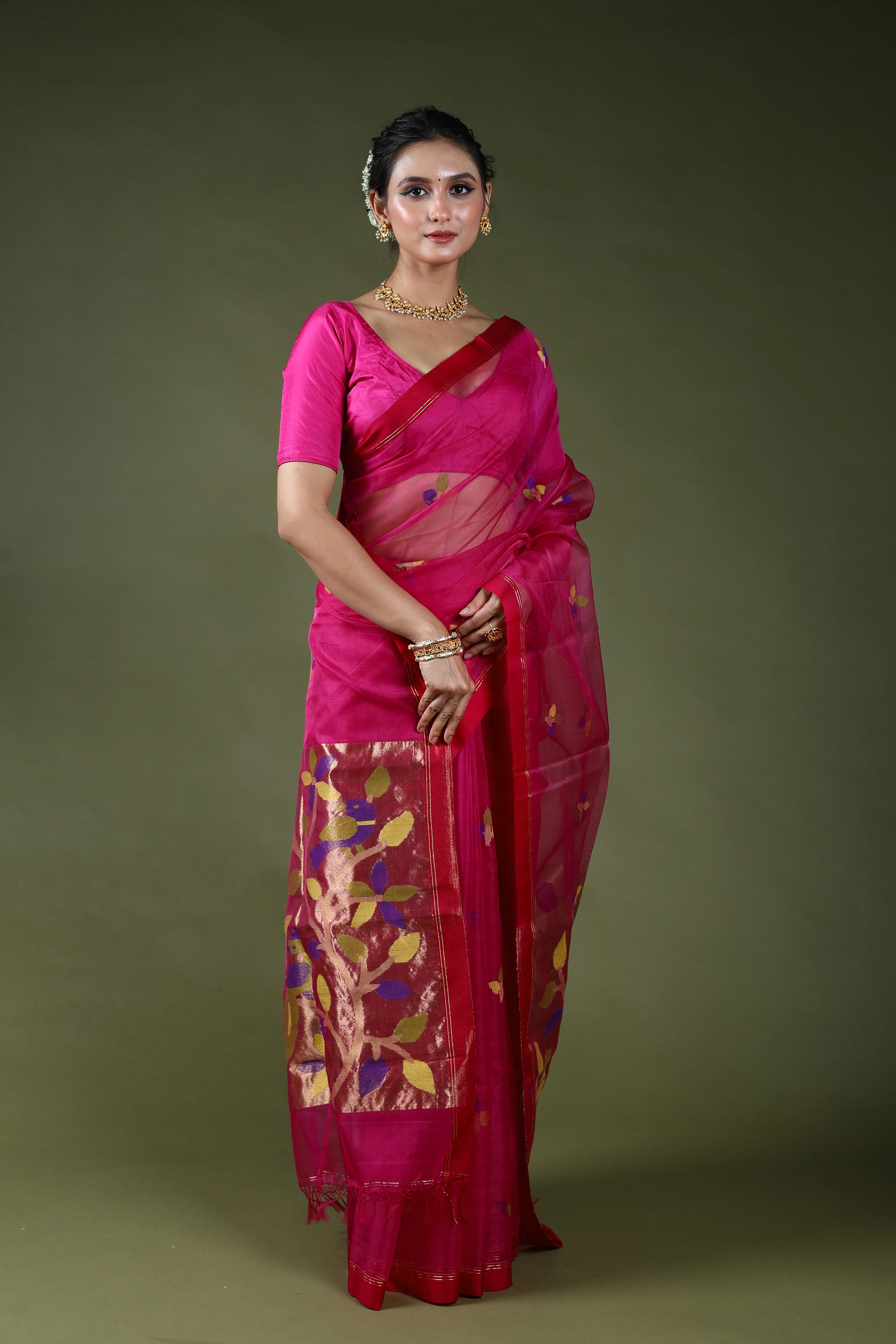 Rani Semi Muslin Jamdani Saree With Blouse Piece