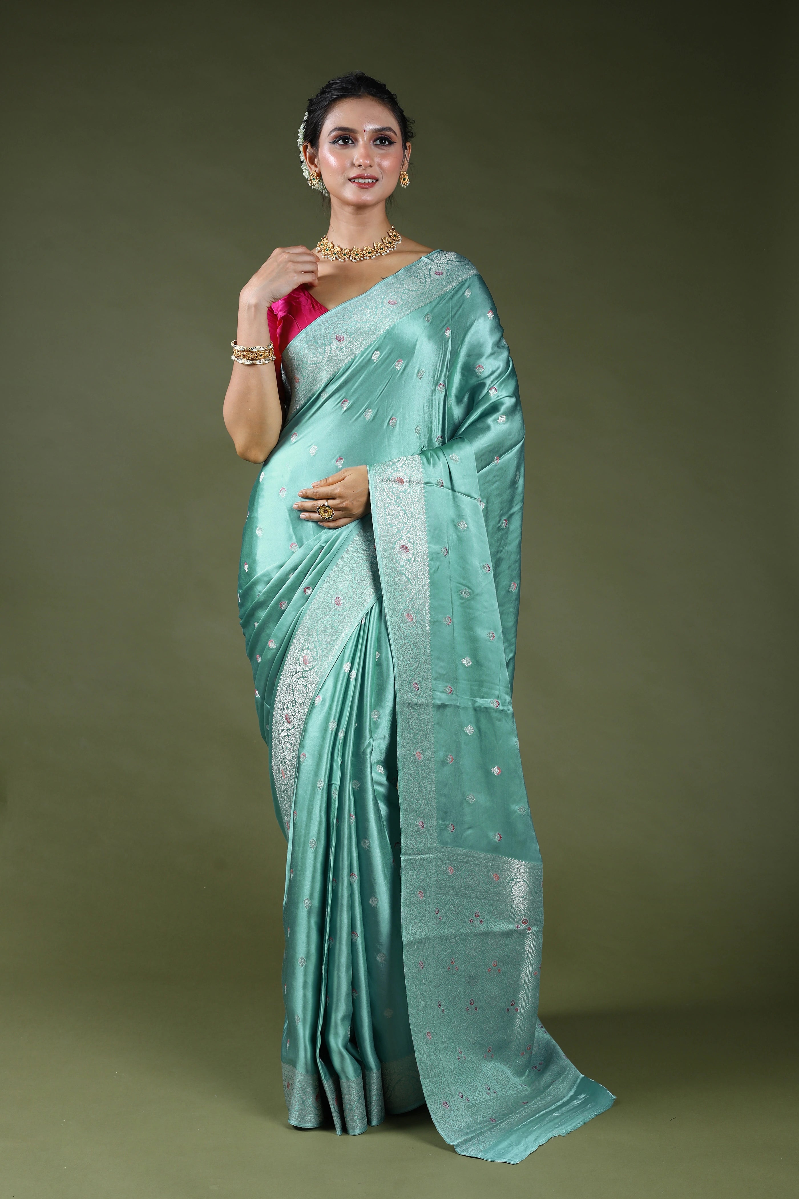 Light Sea Green Semi Mashru Saree With Blouse Piece