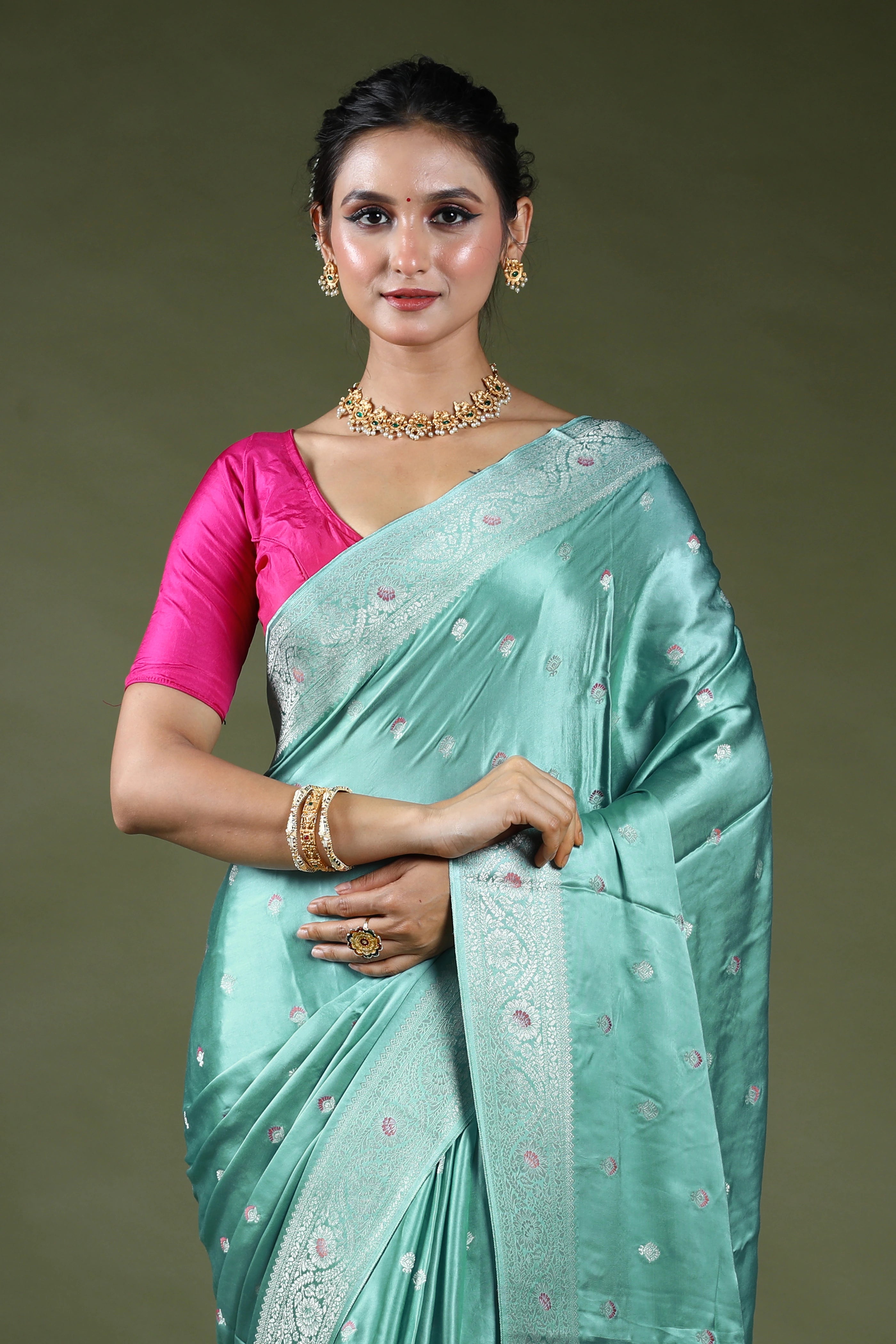 Light Sea Green Semi Mashru Saree With Blouse Piece