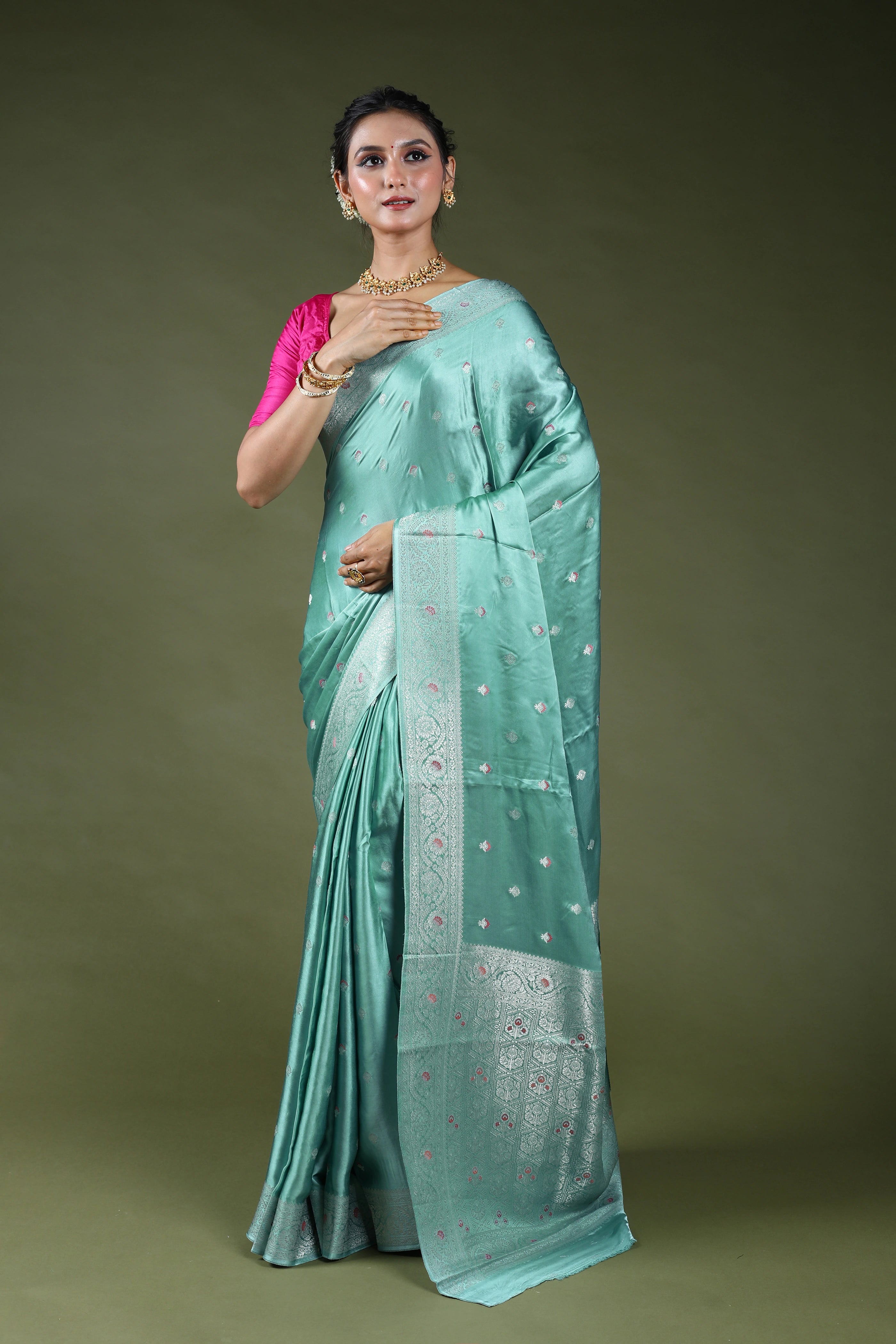 Light Sea Green Semi Mashru Saree With Blouse Piece