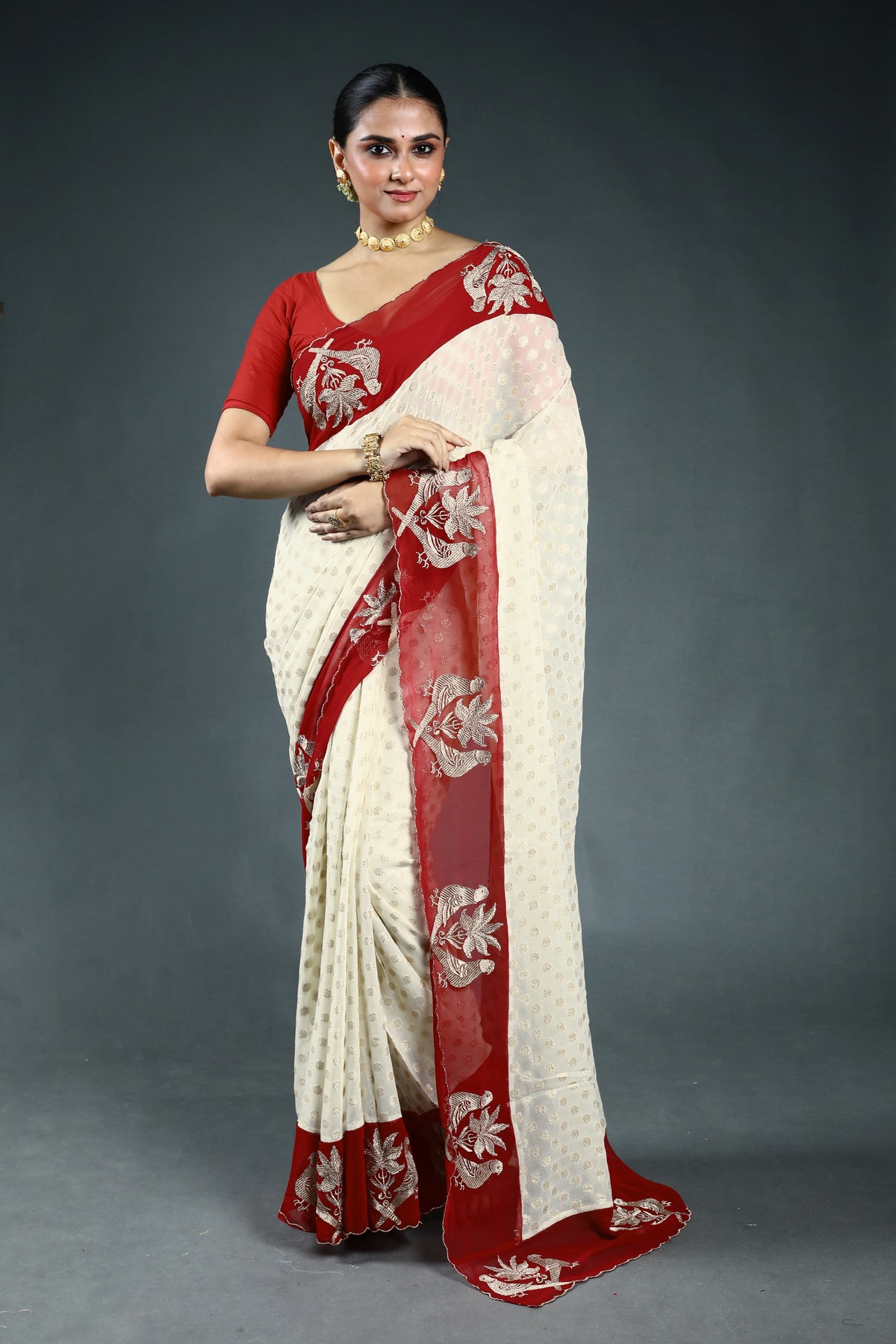 Offwhite Khaddi Georgette Saree with Blouse Piece