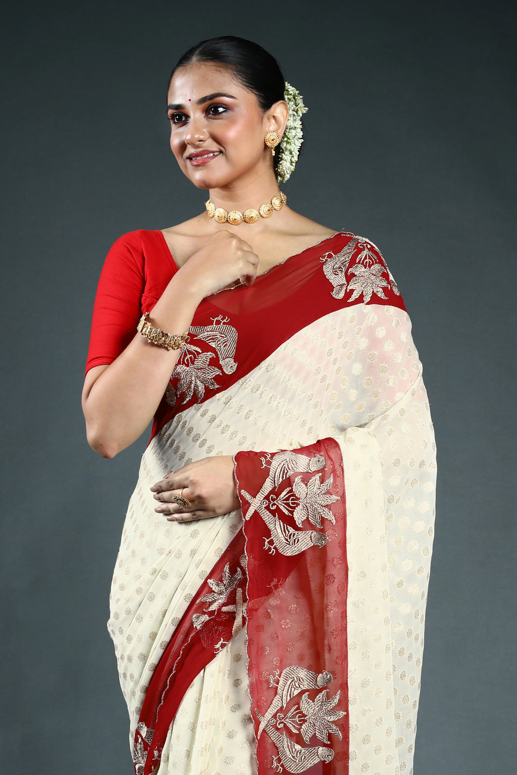 Offwhite Khaddi Georgette Saree with Blouse Piece