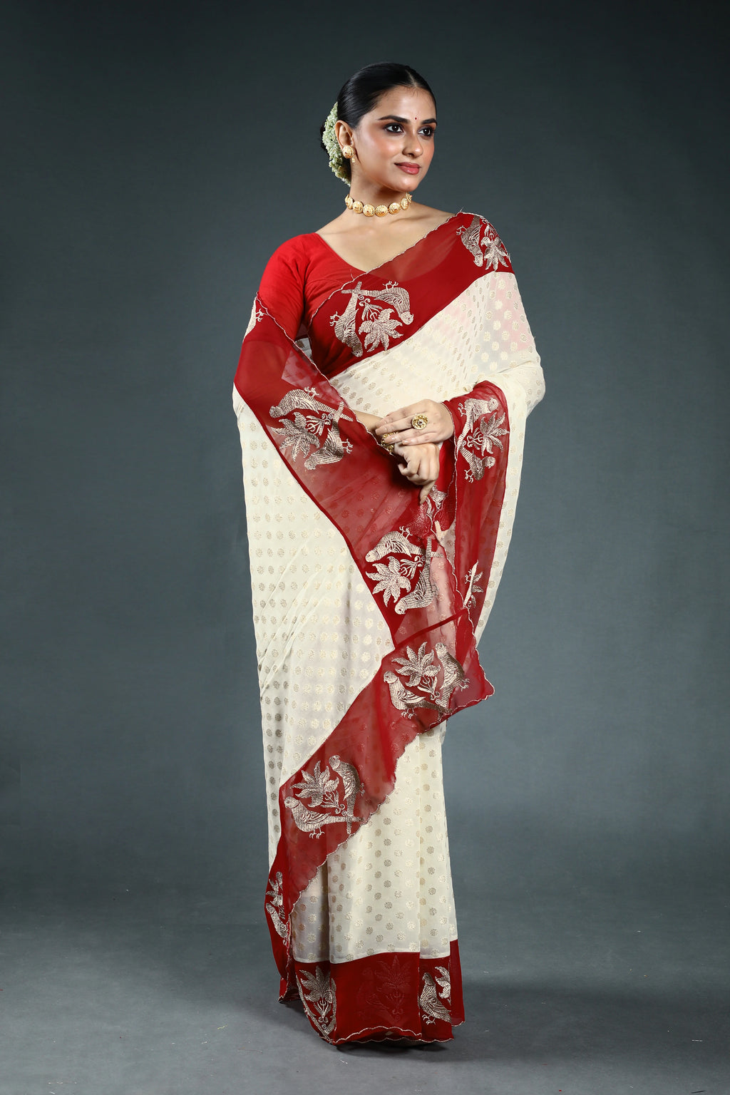 Offwhite Khaddi Georgette Saree with Blouse Piece