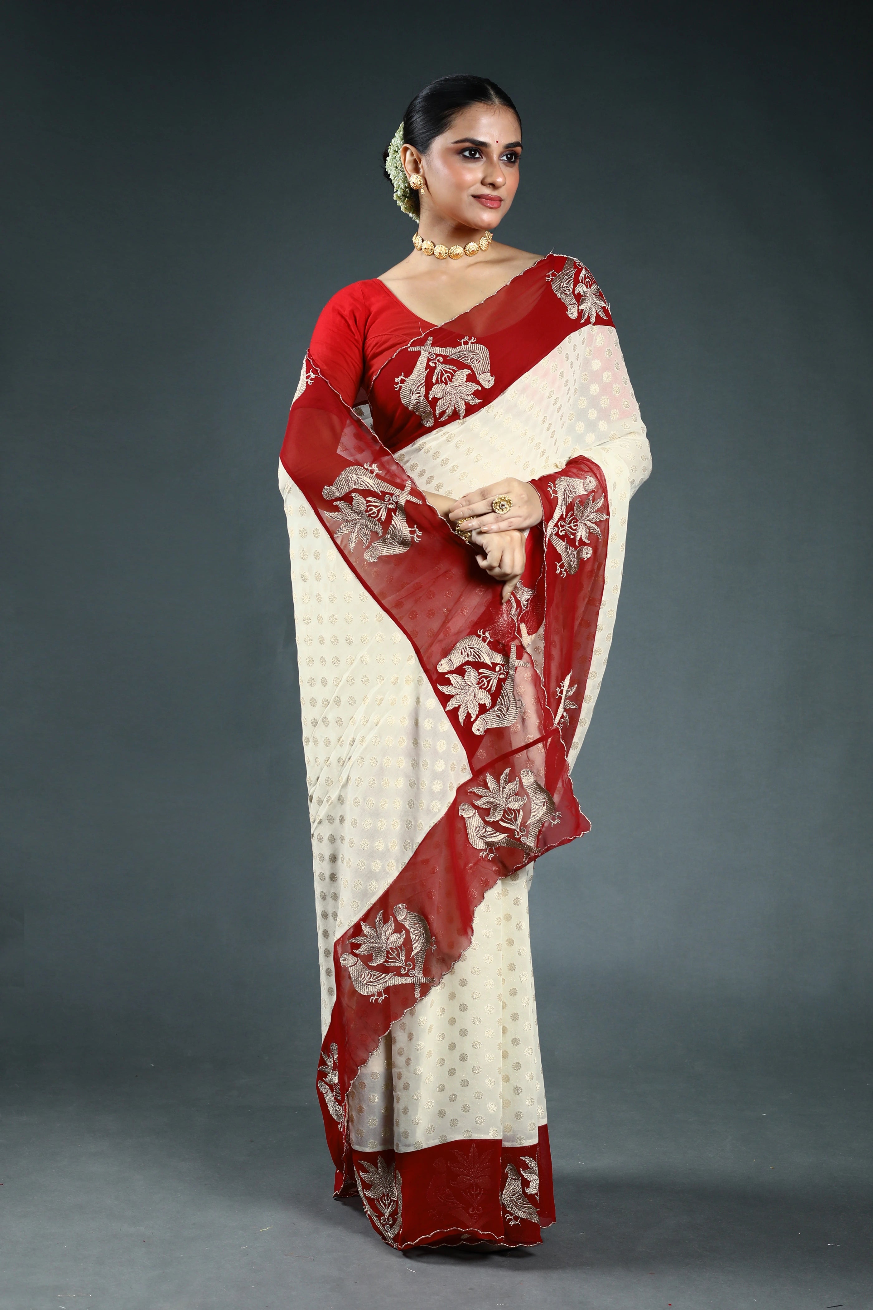 Offwhite Khaddi Georgette Saree with Blouse Piece