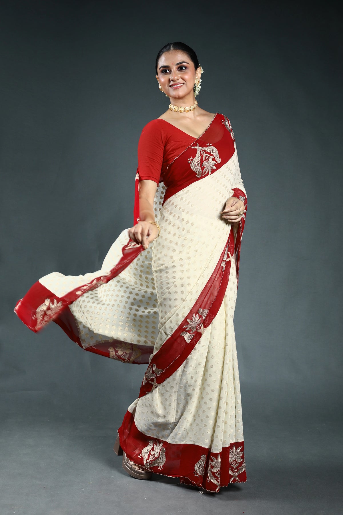 Offwhite Khaddi Georgette Saree with Blouse Piece