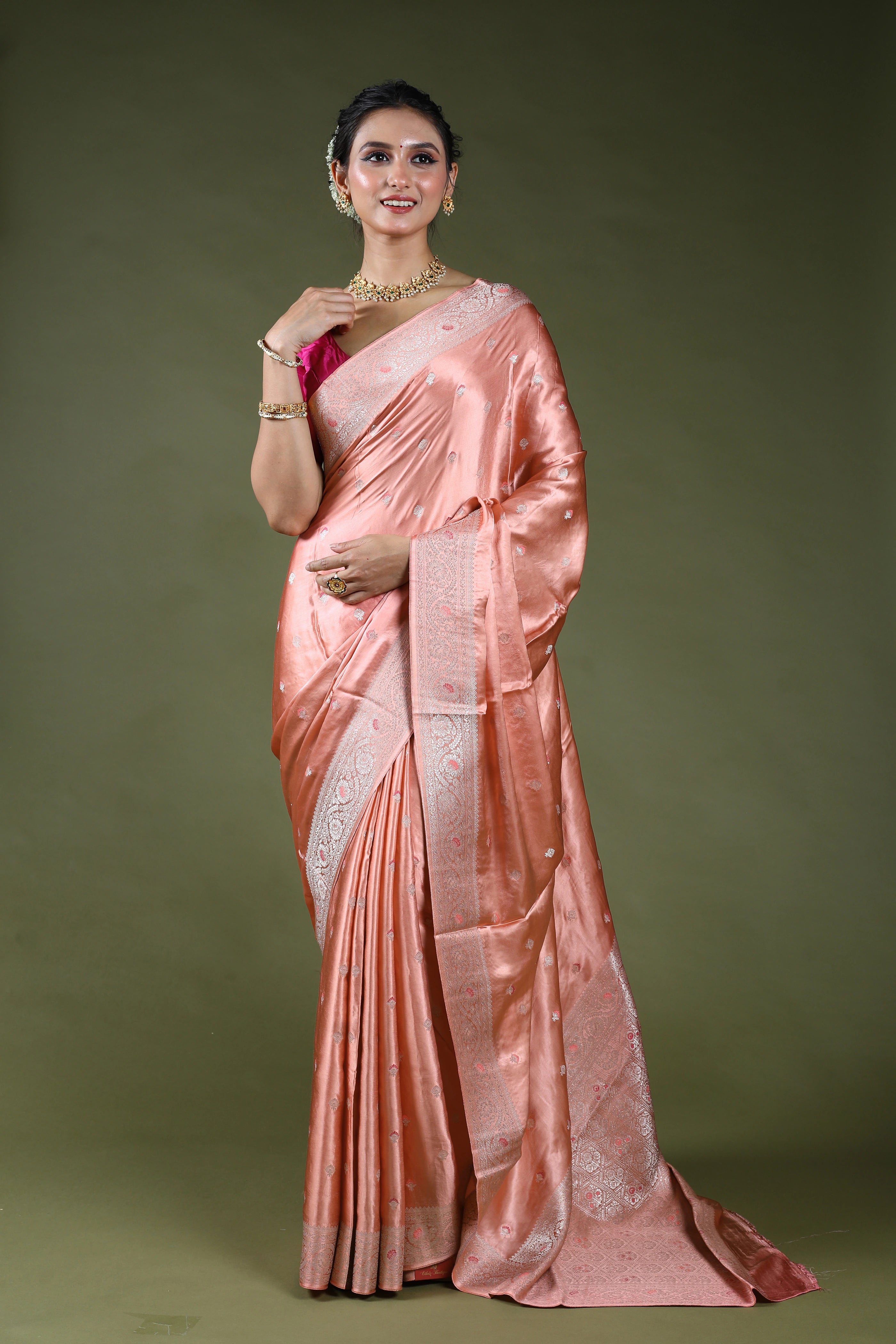 Peach Semi Mashru Saree With Blouse Piece