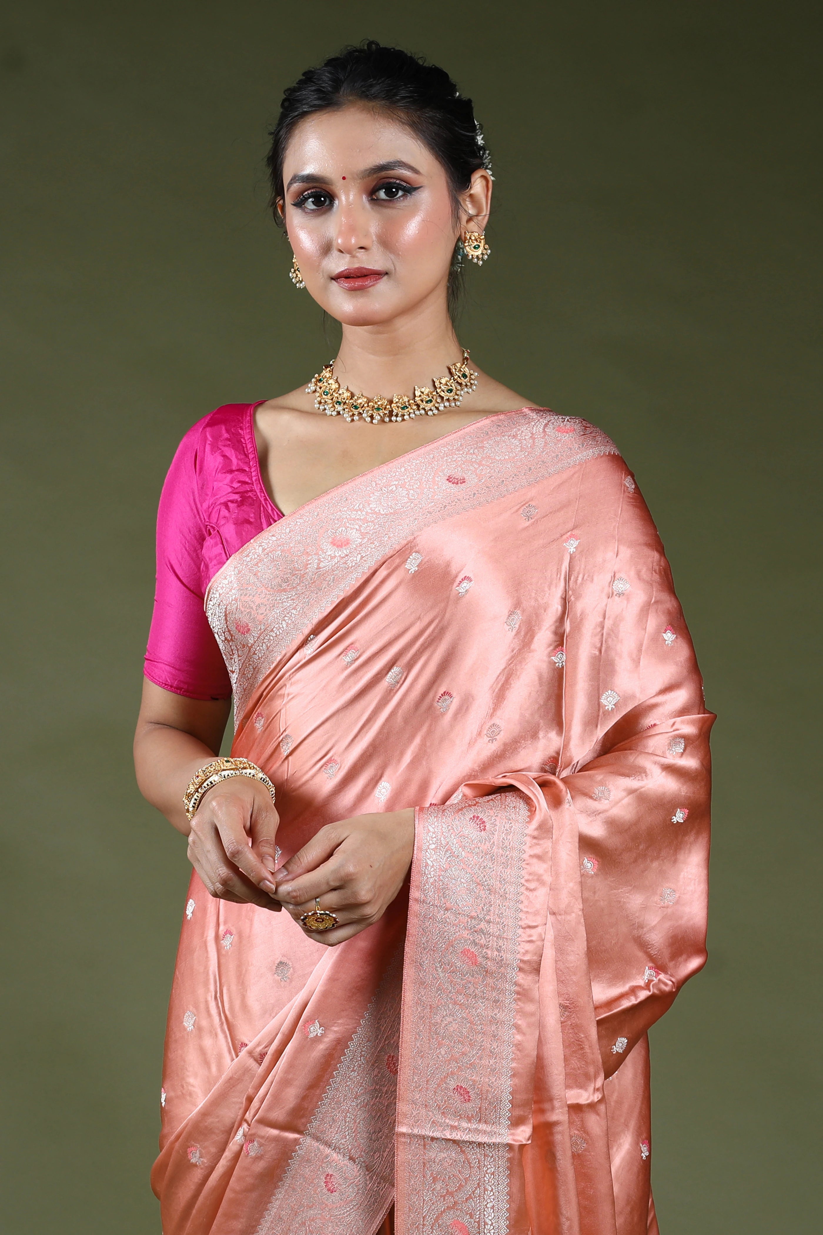 Peach Semi Mashru Saree With Blouse Piece