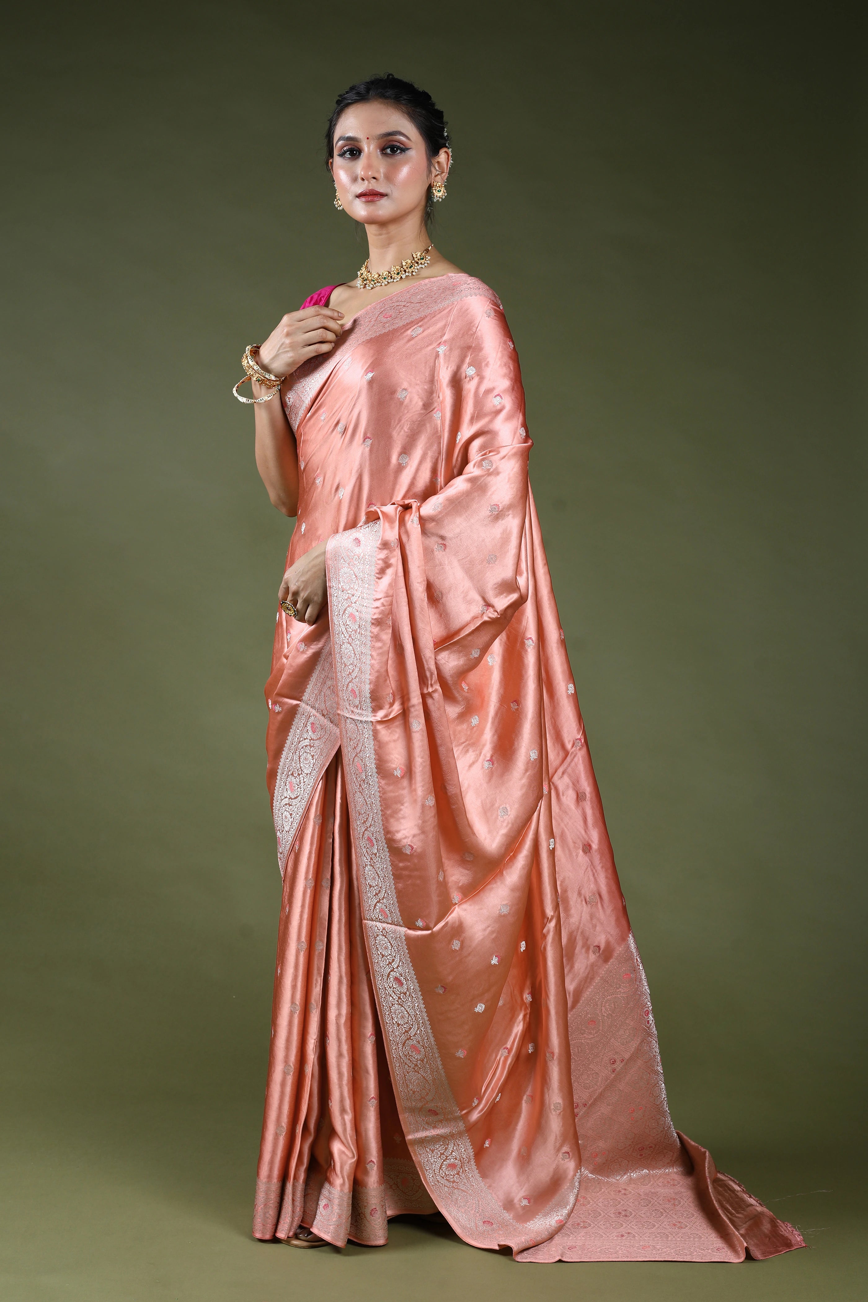 Peach Semi Mashru Saree With Blouse Piece
