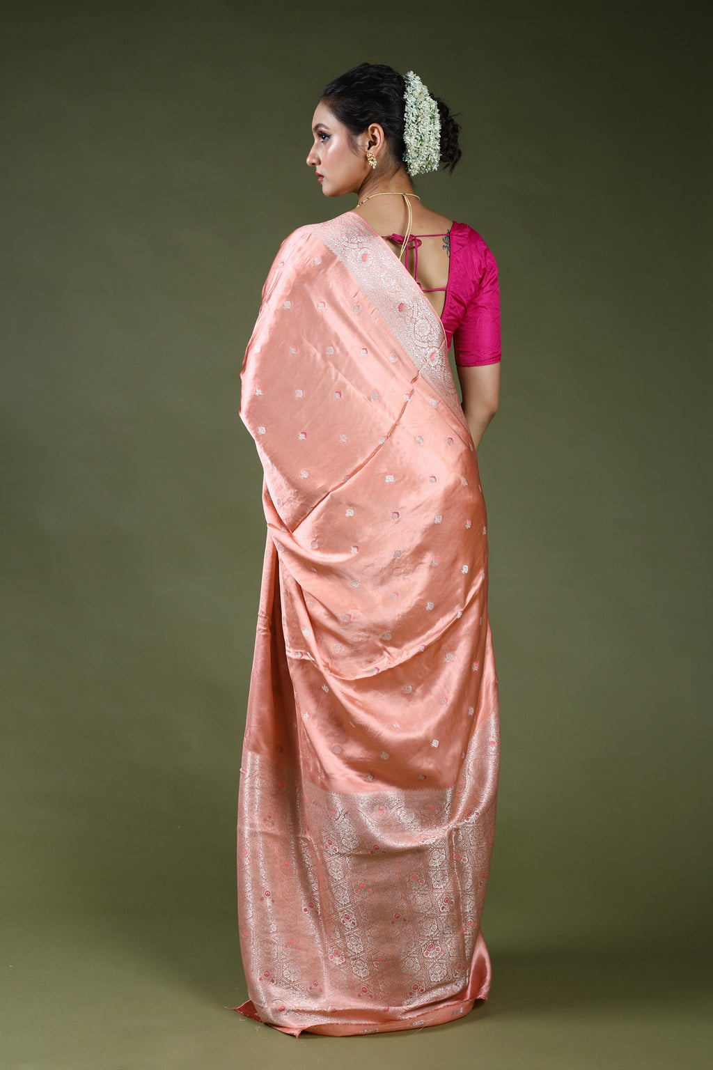 Peach Semi Mashru Saree With Blouse Piece