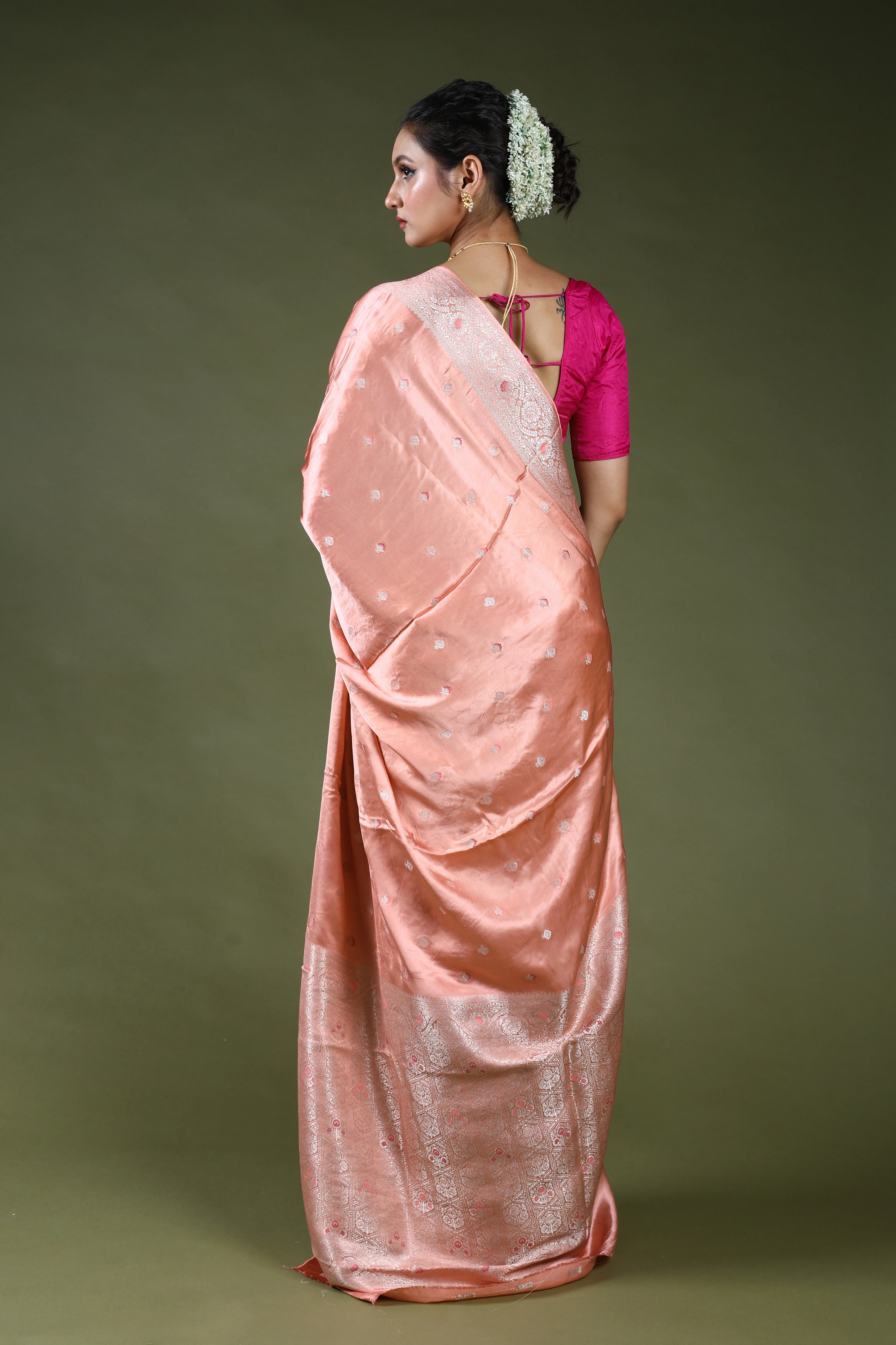 Peach Semi Mashru Saree With Blouse Piece