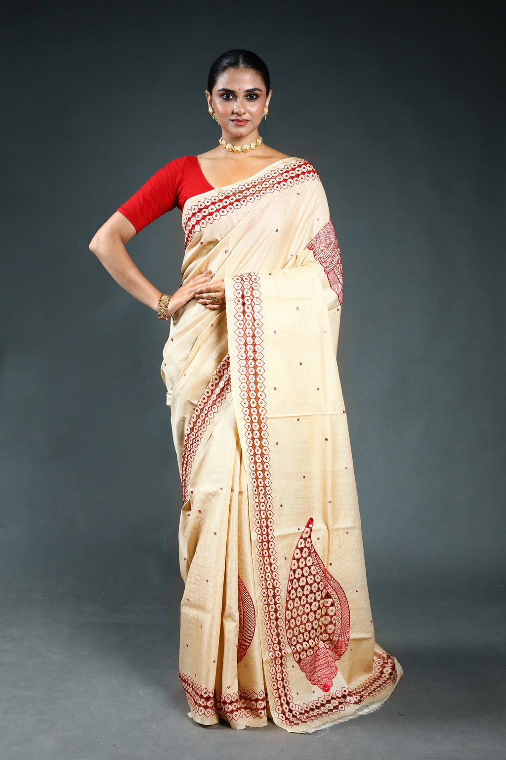 Beige Pure Tussar Cutwork Saree with Blouse Piece