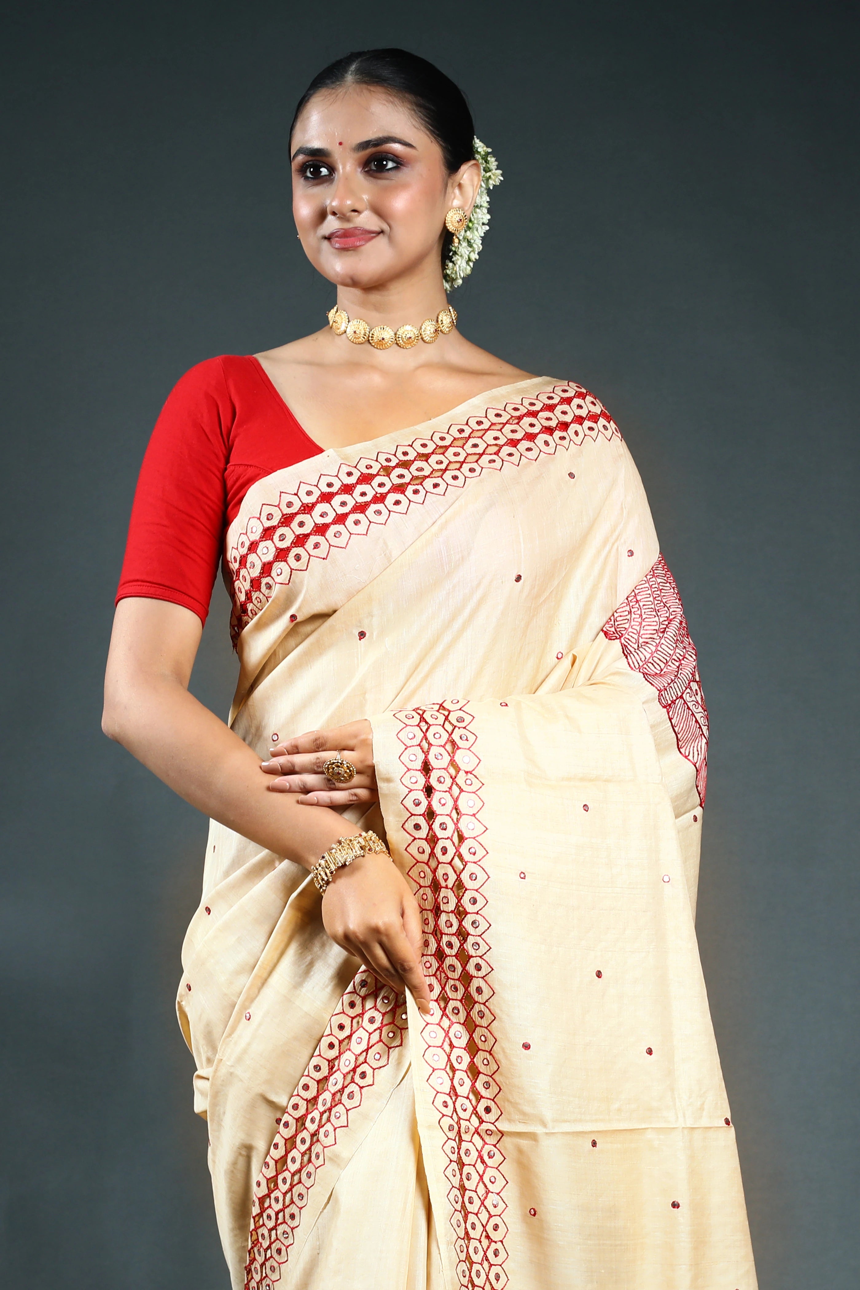 Beige Pure Tussar Cutwork Saree with Blouse Piece