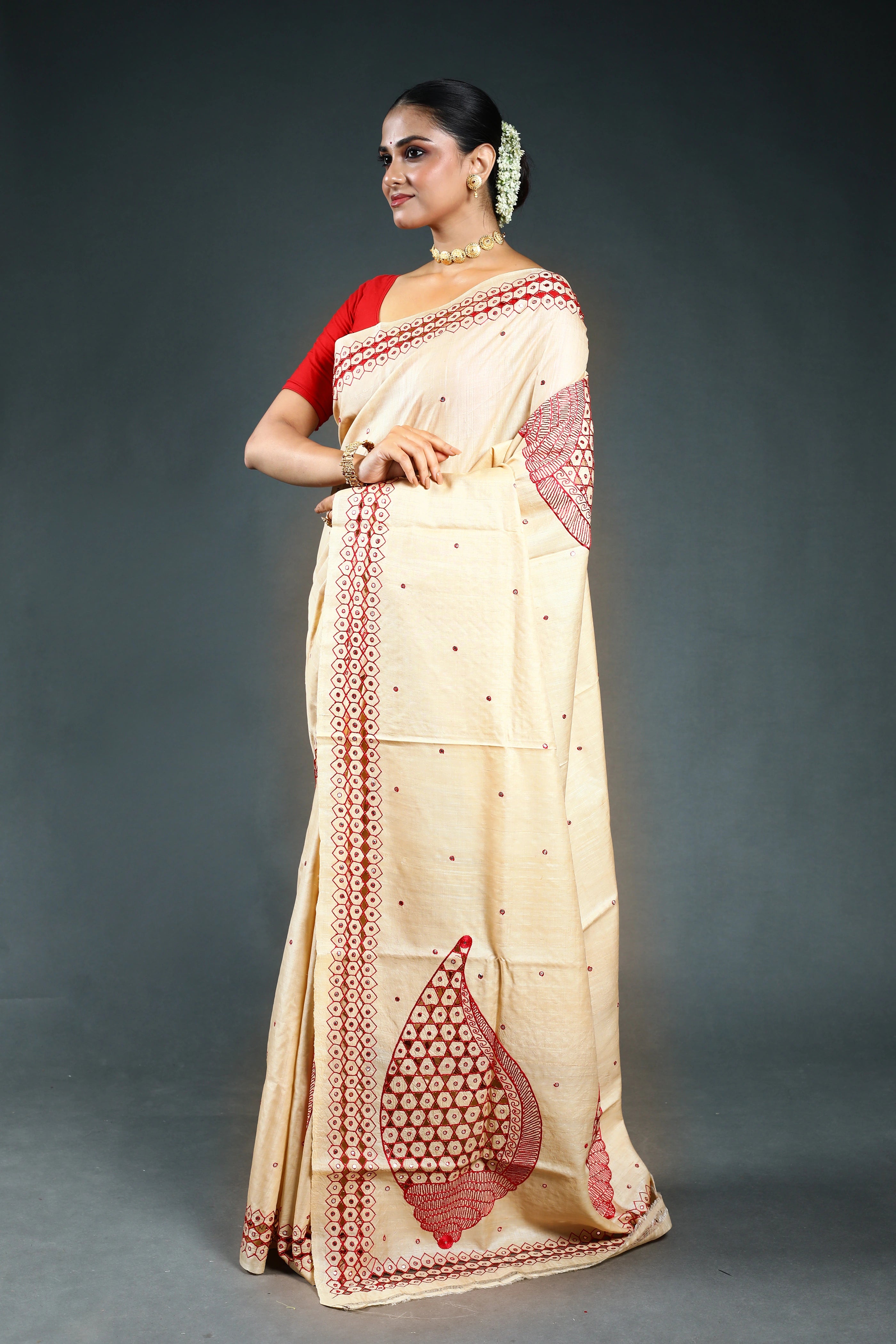 Beige Pure Tussar Cutwork Saree with Blouse Piece