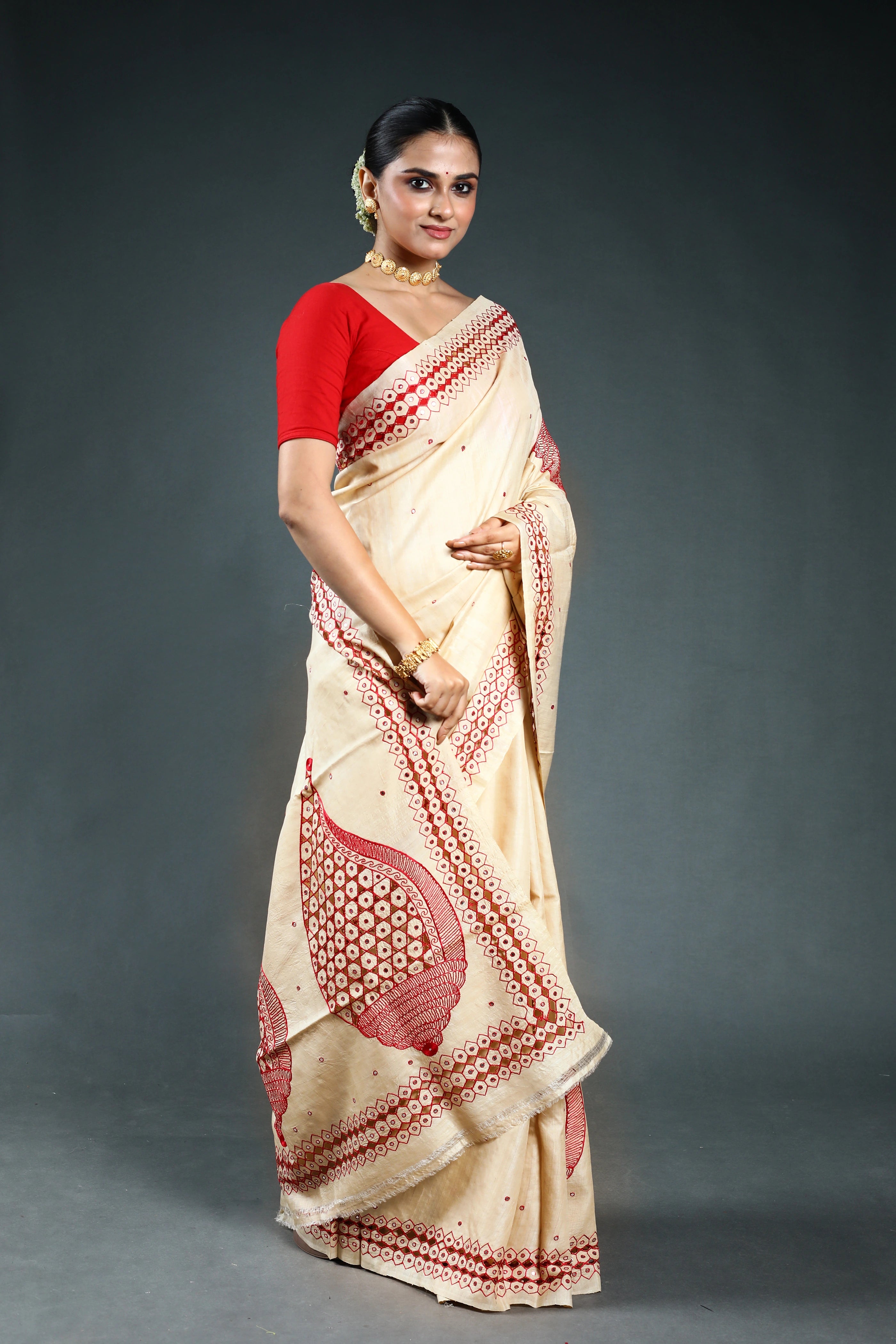 Beige Pure Tussar Cutwork Saree with Blouse Piece