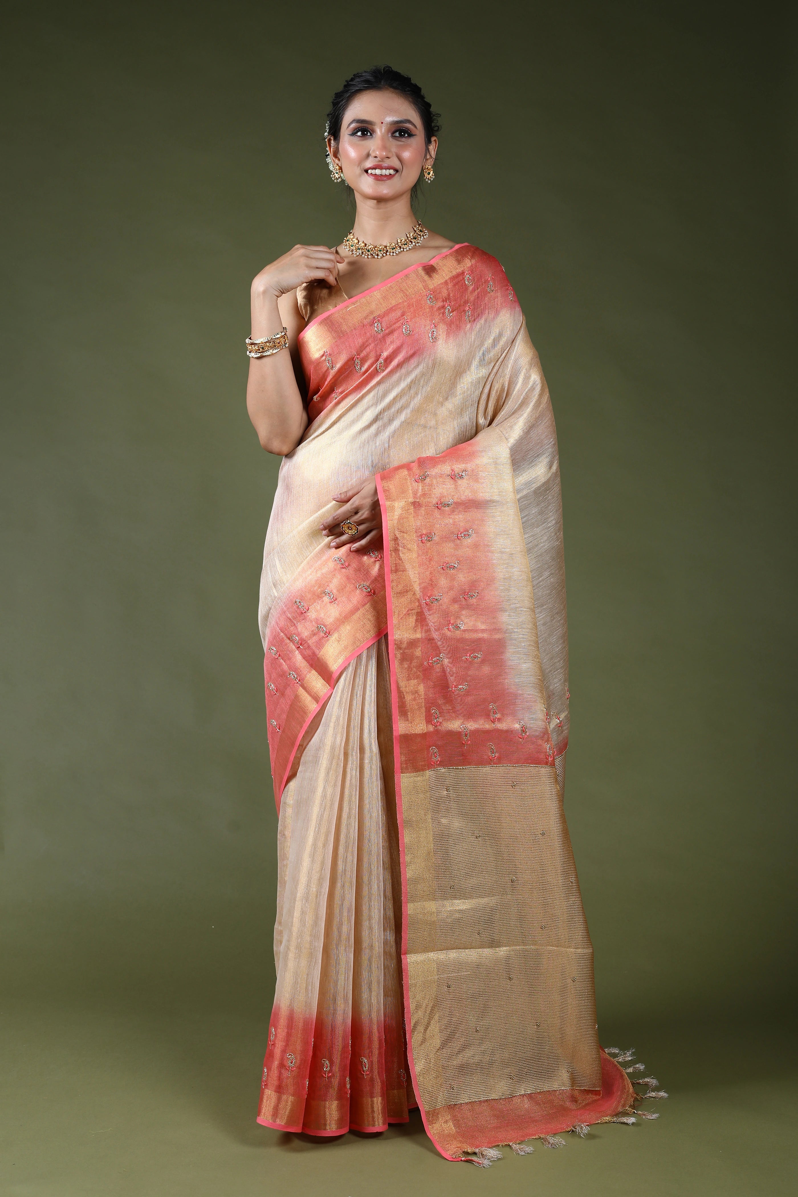 Beige Semi Tissue Linen Saree With Blouse Piece