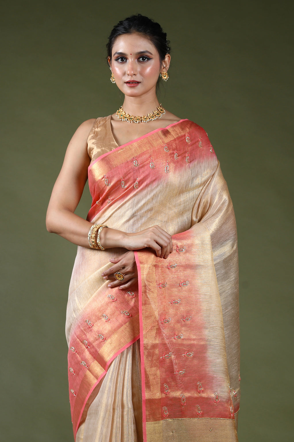 Beige Semi Tissue Linen Saree With Blouse Piece