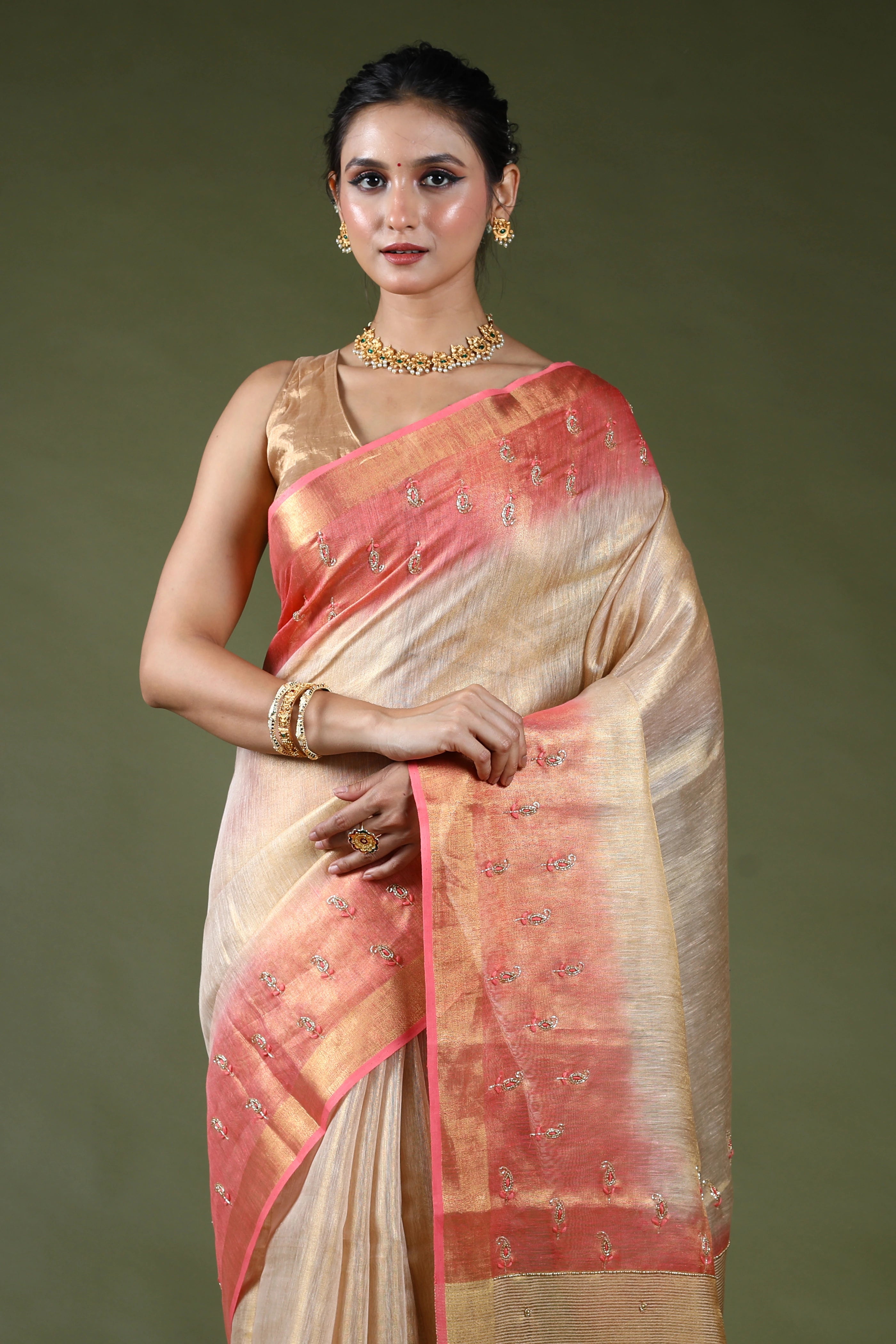 Beige Semi Tissue Linen Saree With Blouse Piece
