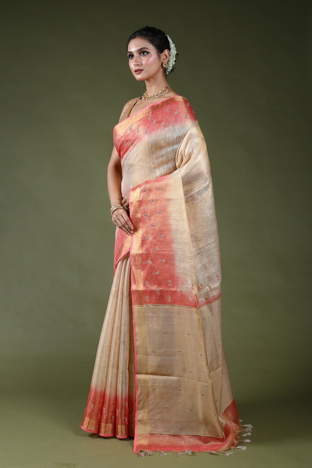 Beige Semi Tissue Linen Saree With Blouse Piece