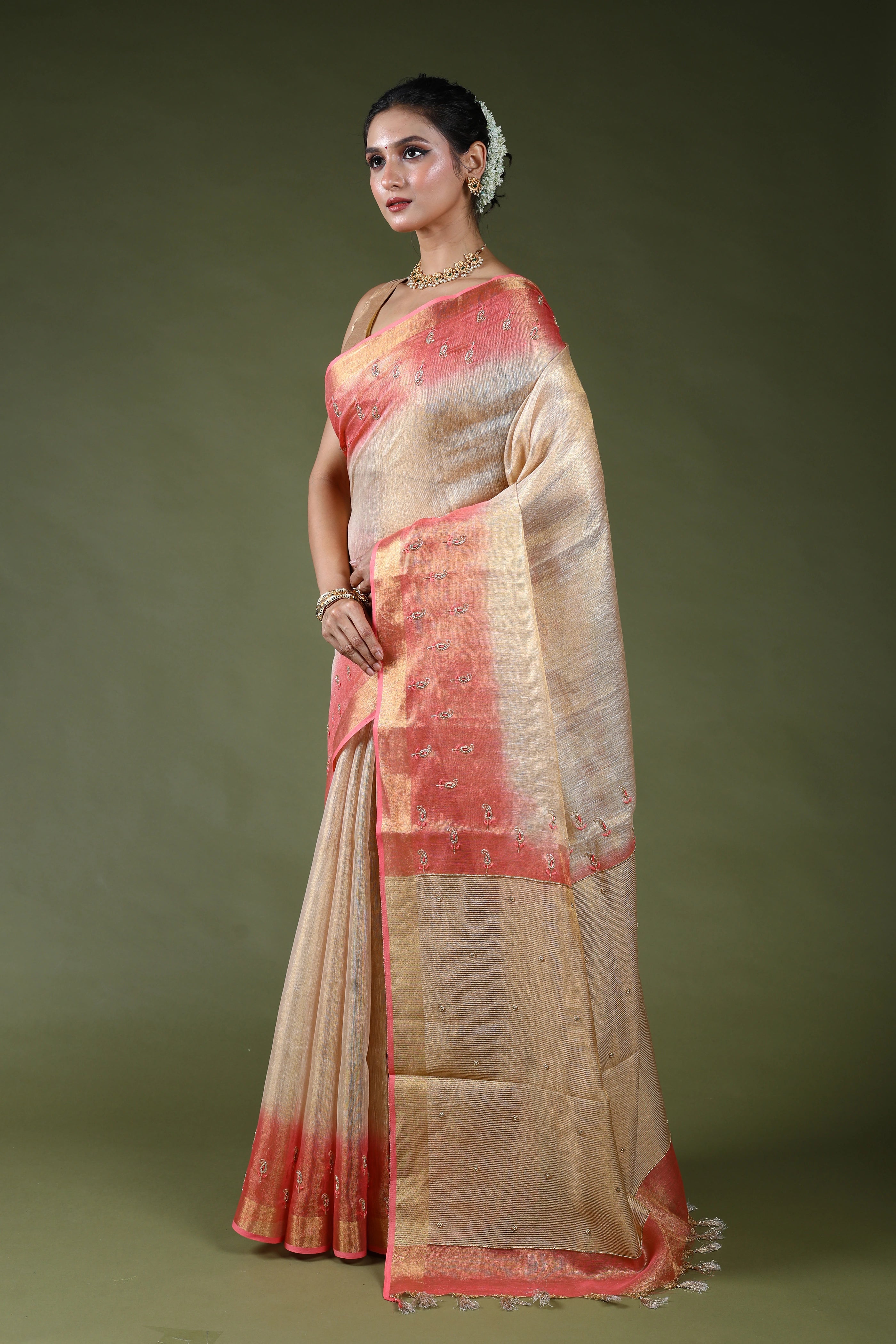 Beige Semi Tissue Linen Saree With Blouse Piece