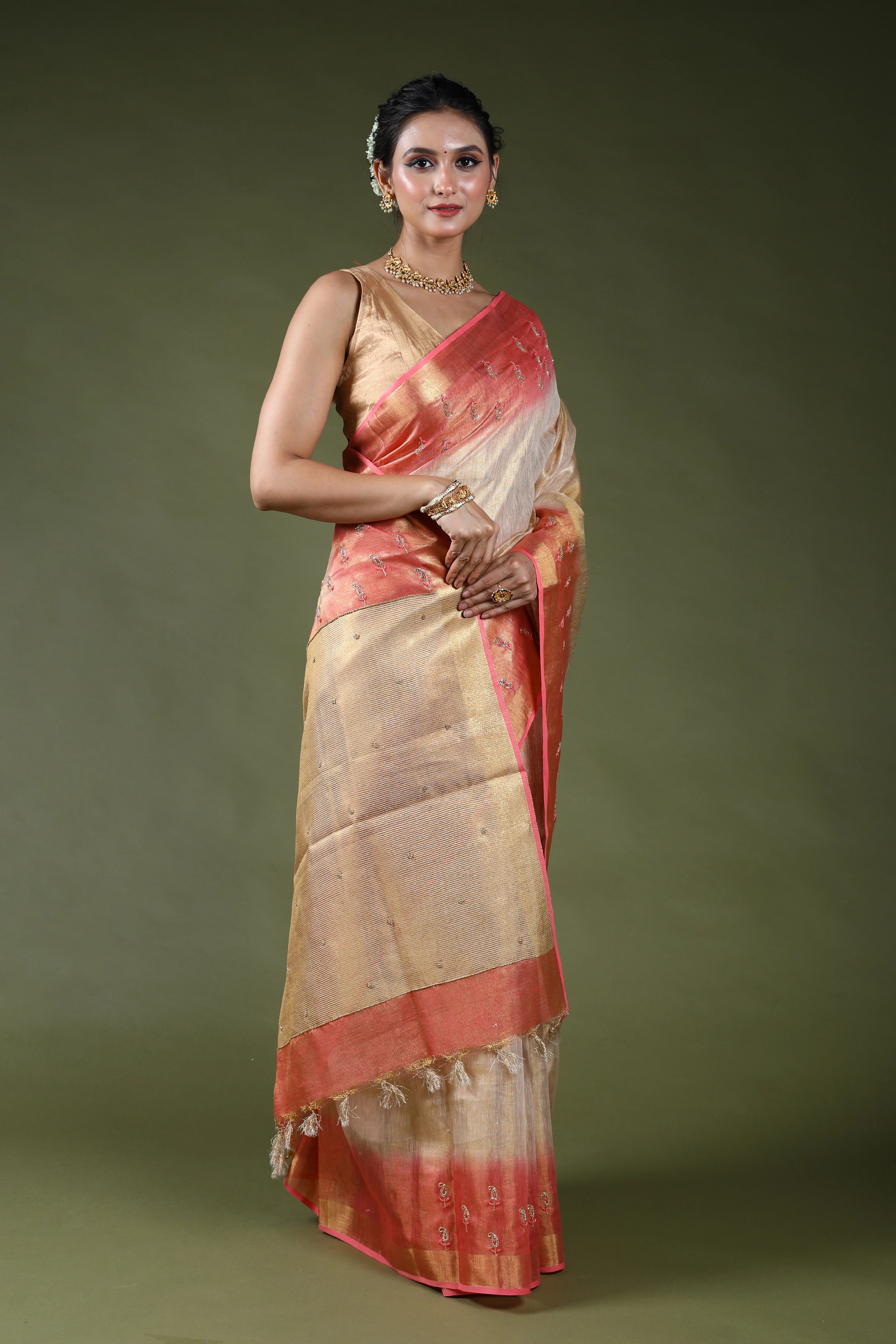 Beige Semi Tissue Linen Saree With Blouse Piece