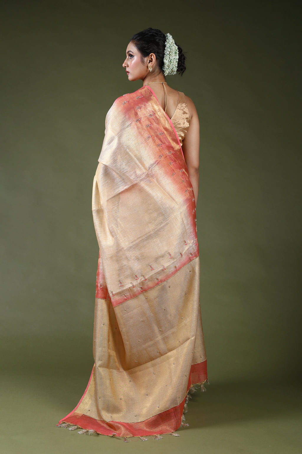 Beige Semi Tissue Linen Saree With Blouse Piece