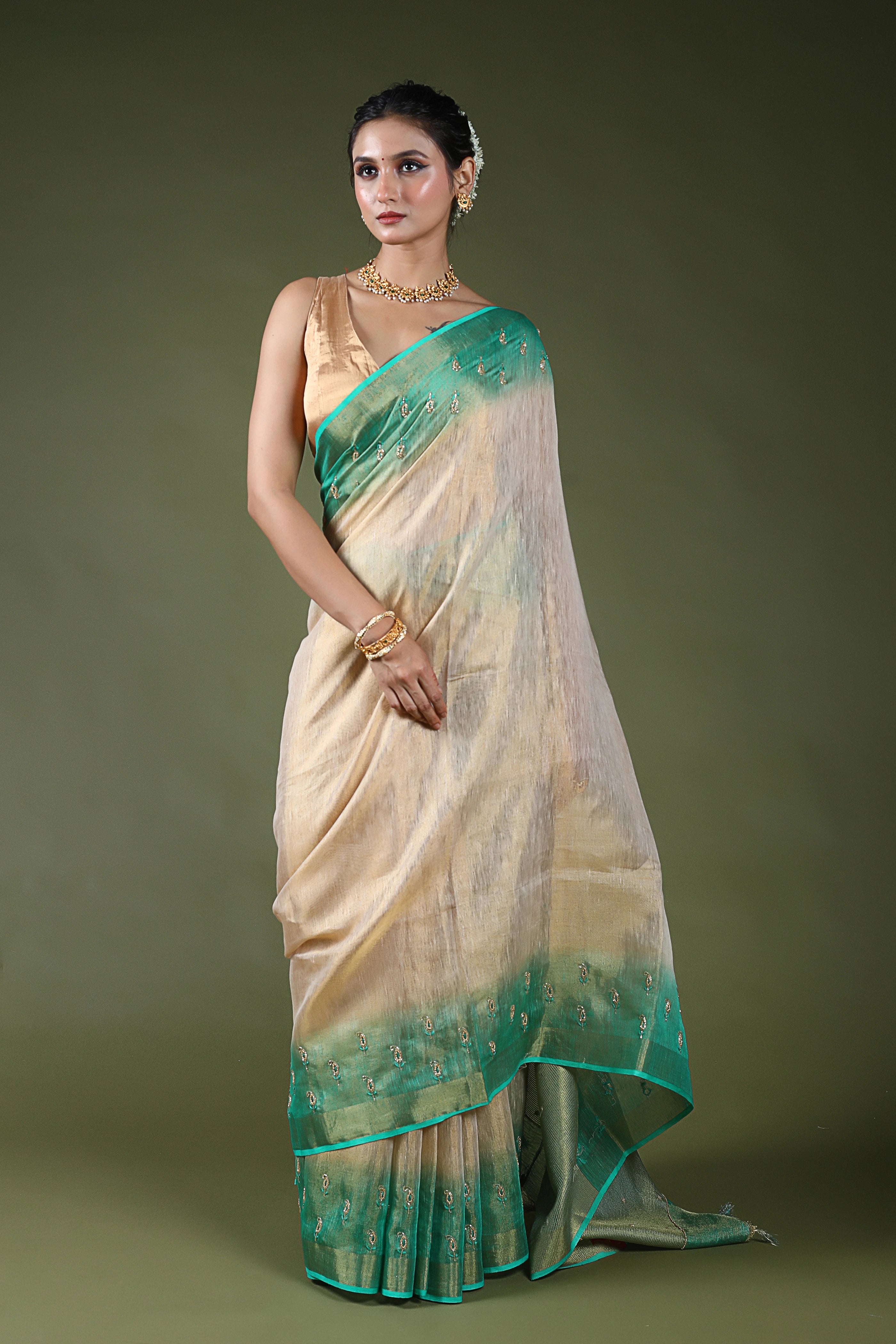 Beige Semi Tissue Linen Saree With Blouse Piece