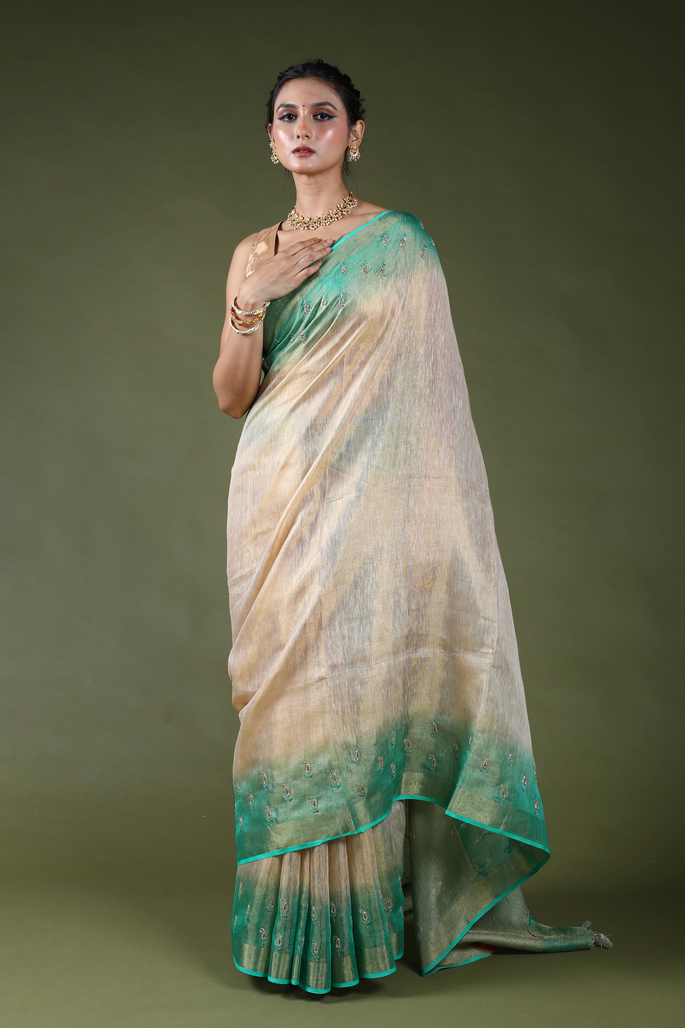 Beige Semi Tissue Linen Saree With Blouse Piece